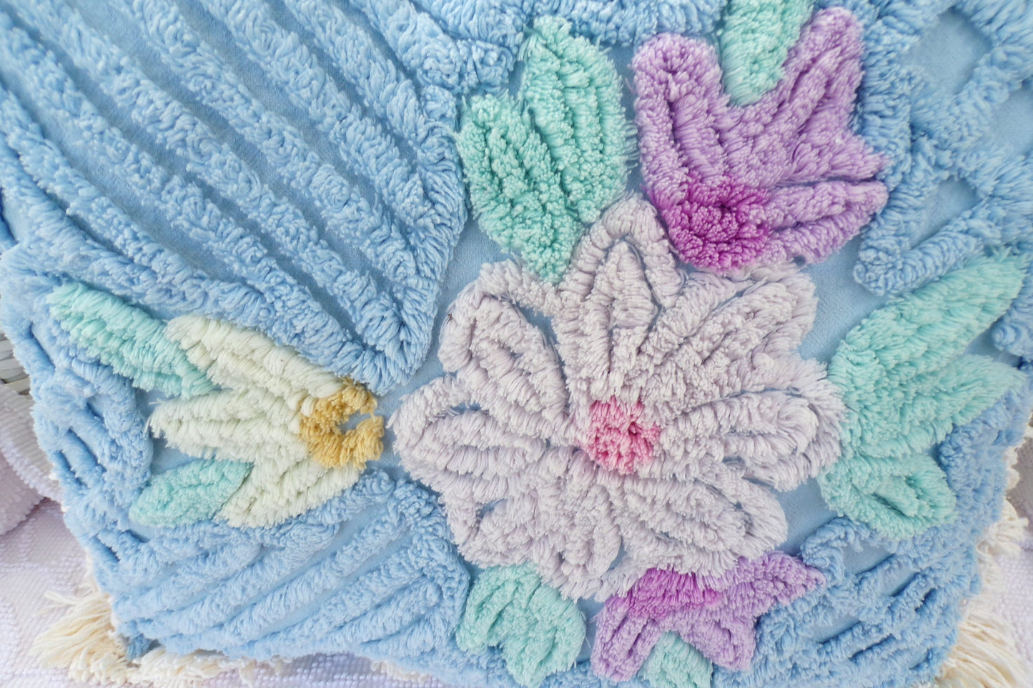 Cottage Blue Floral Chenille Pillow Cover 17" x 17" inch Square, REVERSIBLE Accent Fringe Pillow from Vintage Chenille Bedspread Fabric