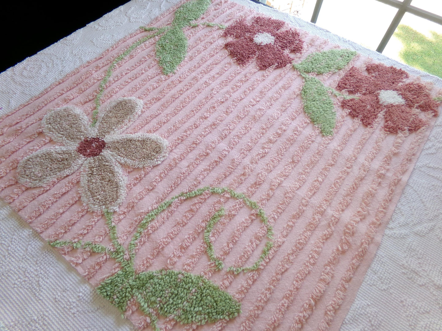 Rosy Pink Floral Vintage Chenille Fabric, Wideset Climbing Daisy Flower Design, 25" x 24" inch Piece of Cotton Sewing Material