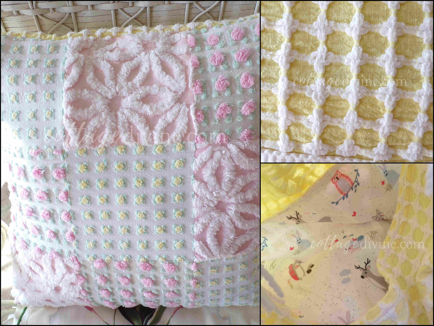 Daisy Rose Cottage Chic Chenille Pillow Cover 16" x 16" inch Square, Vintage REVERSIBLE Accent Pillow, Pink & Yellow Patchwork Design
