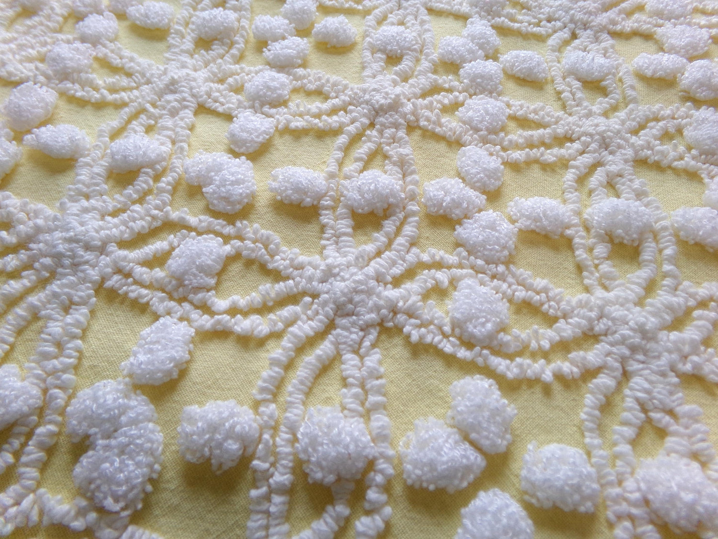 sunny yellow vintage chenille fabric, 20" x 24" piece of craft material for sewing, quilting in white overtufted pops & spider ring pattern