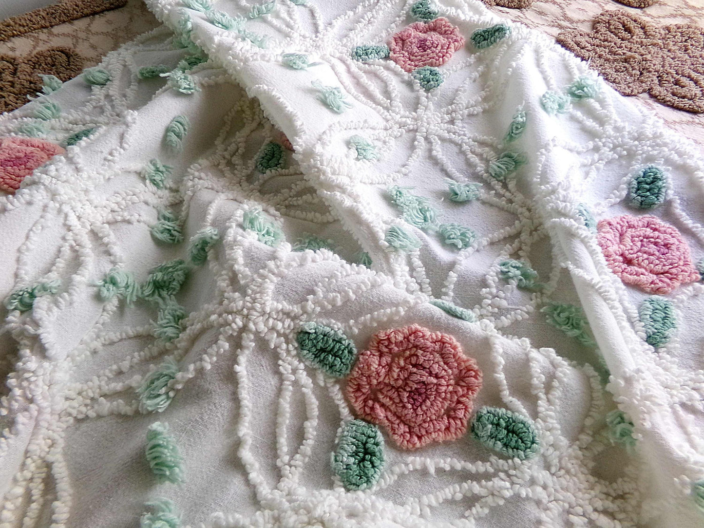 Cottage Life Vintage Chenille Fabric, 23" x 25" Piece, Beautiful Pink Roses Nested in White Wedding Rings with Mint Green Pops