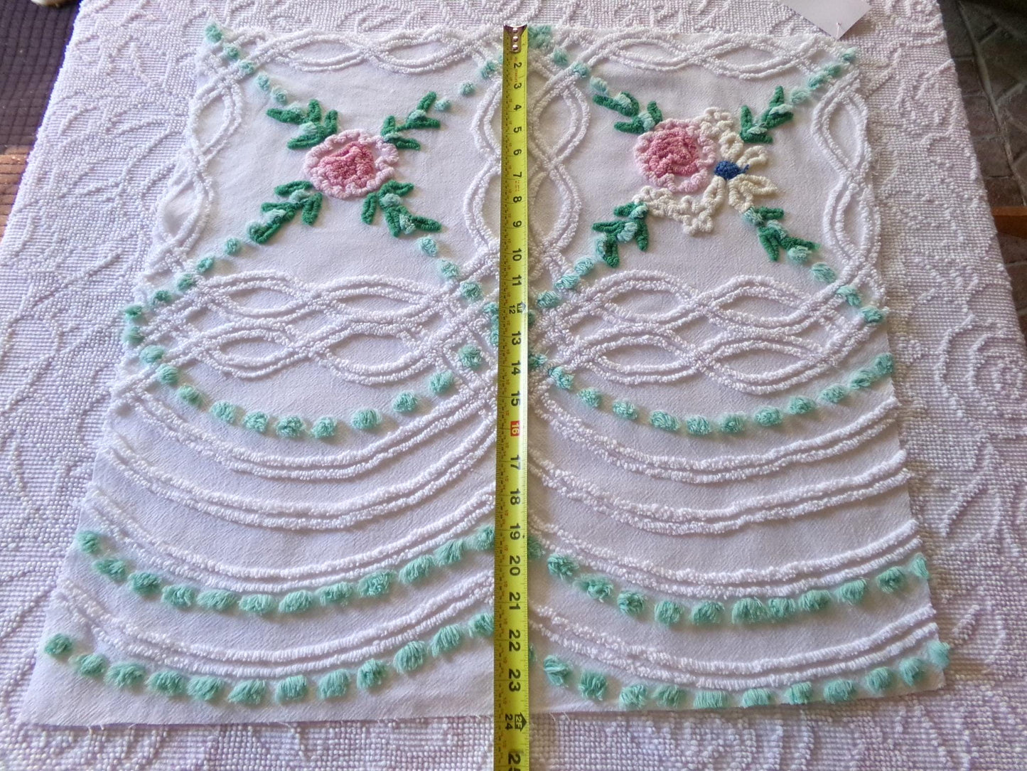 cottage style wildflower vintage chenille fabric, jadeite pops on white cotton, 22" x 23" inch piece of sewing material for quilting, crafts