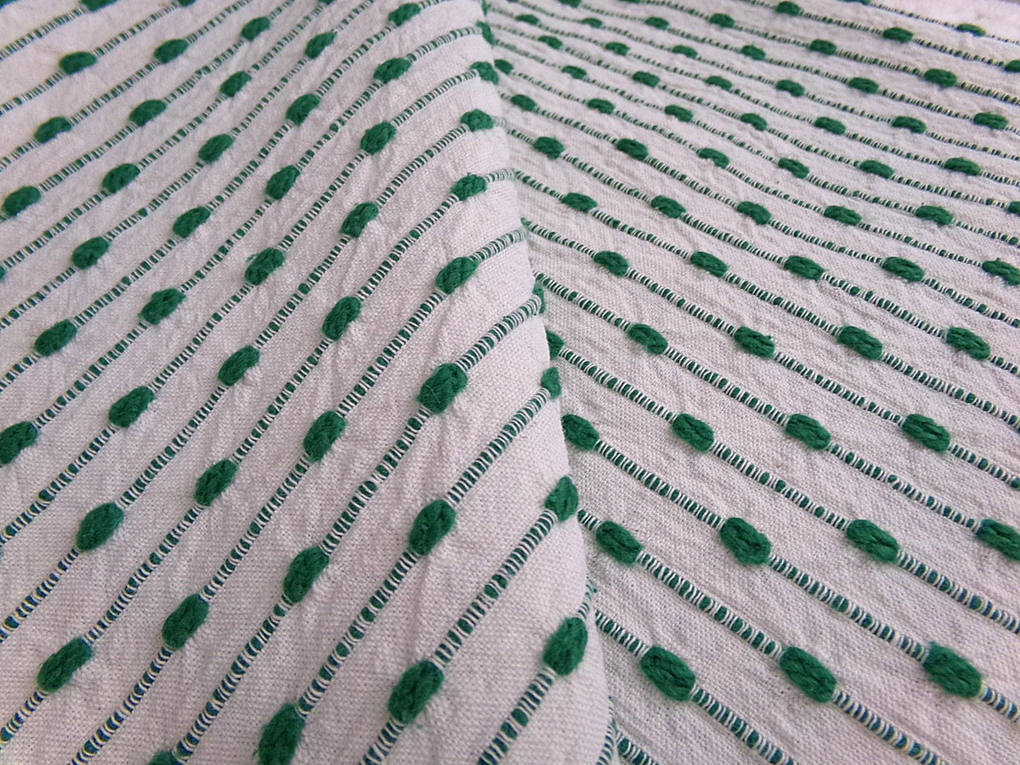 preppy kelly green textured fabric piece, vintage chenille raindrop dots on white woven cotton, great in quilts, xmas stockings, 20" x 25"