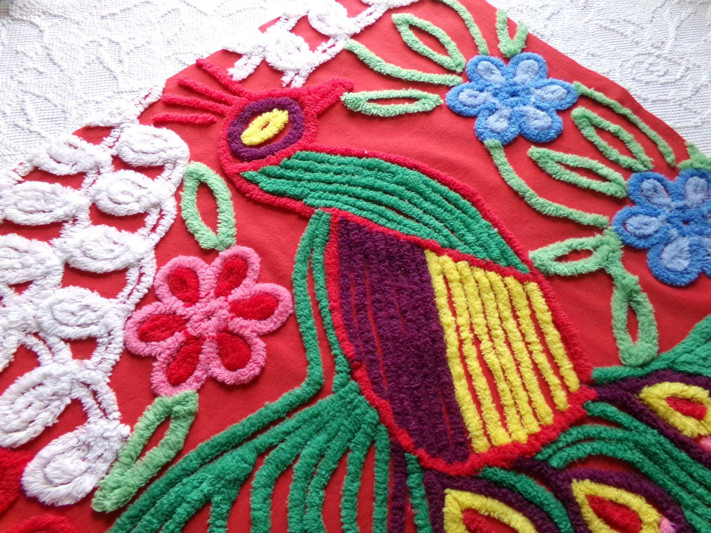 peacock vintage chenille fabric panel in saturated red, exotic material for a wall hanging or pillow, 23" x 24" inch piece