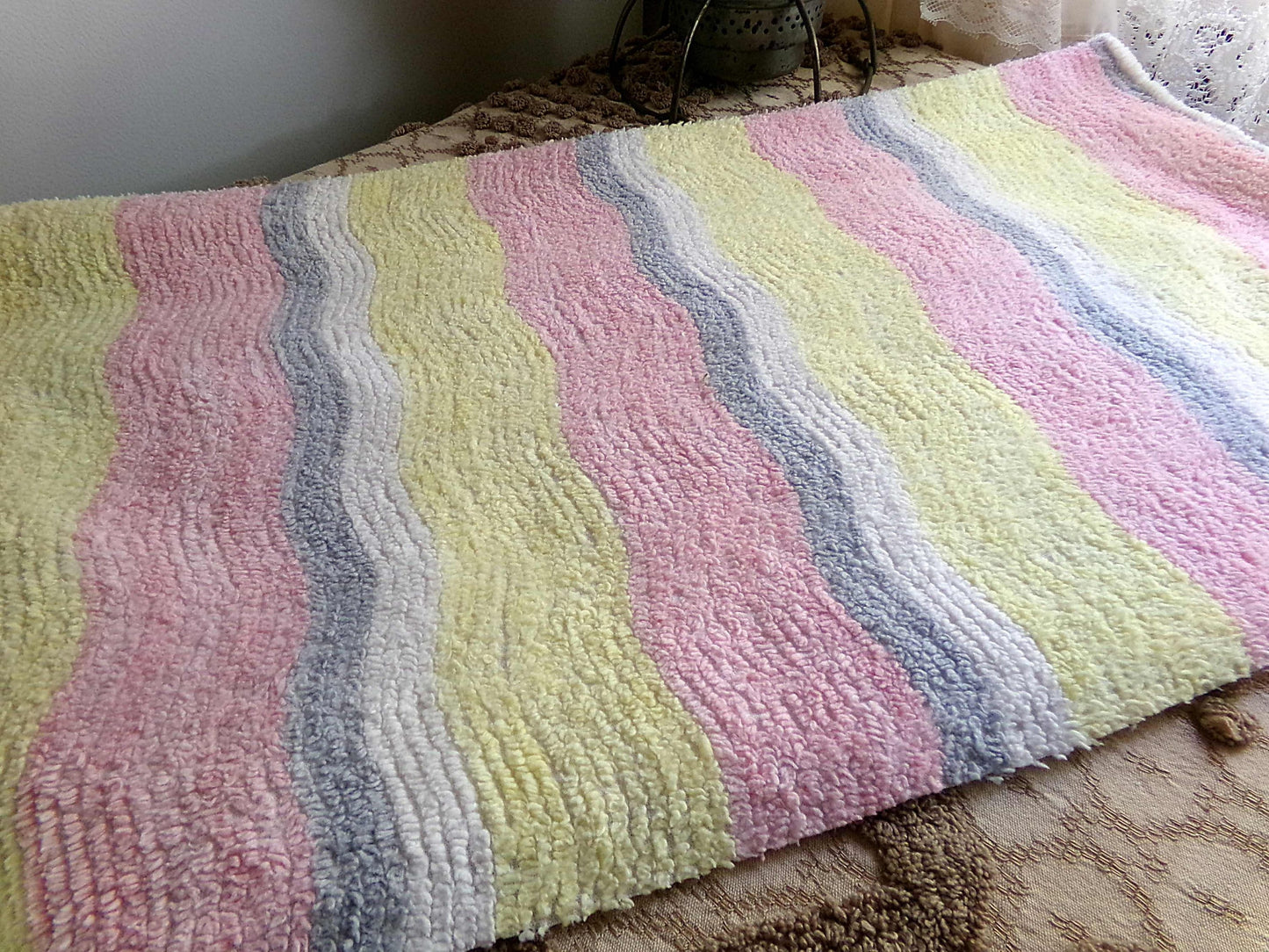 soft cozy striped chenille fabric, vintage 20" x 24" piece of lightweight sewing material in pink, yellow, white & grey ripple stripes