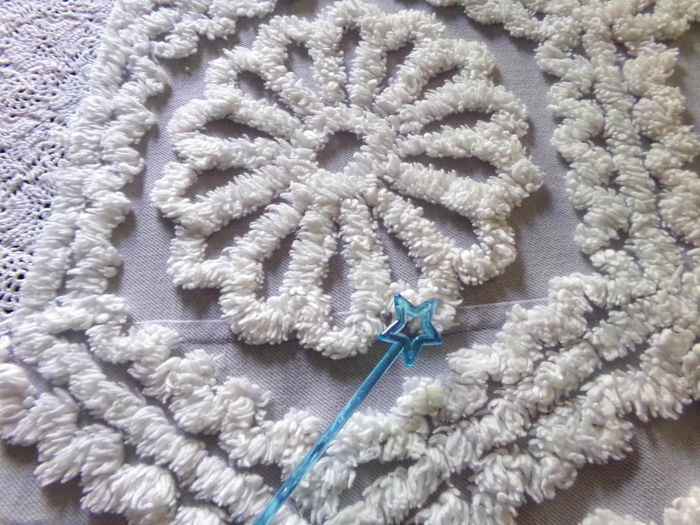 lavender mist cottage chic chenille fabric, plush white daisies, 17" x 26" piece of vintage sewing material for quilting, fiber arts