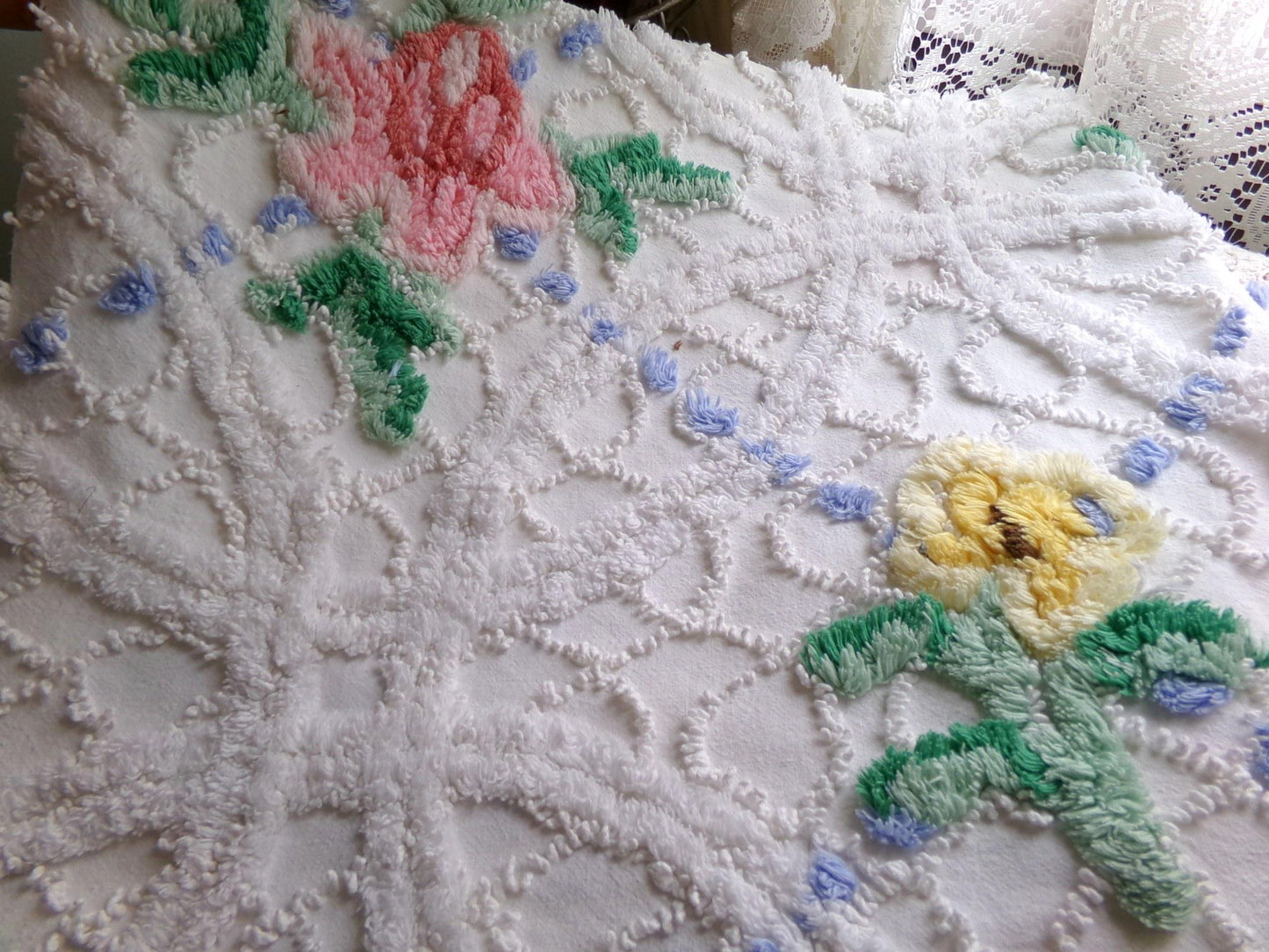 breezy rose floral fabric piece, vintage chenille country cottage style sewing material, 16" x 35" inch piece, white cotton