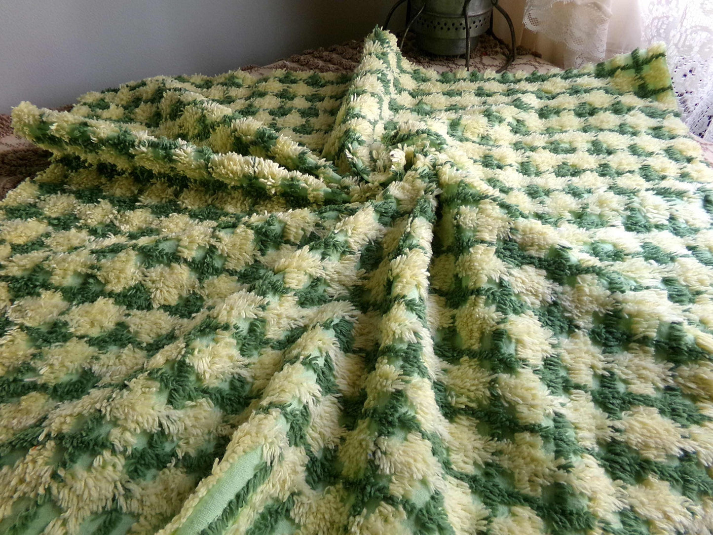 Cheerful Green & Yellow Plaid Vintage Chenille Fabric, 21" x 23" inch Piece, Soft Cotton Blend