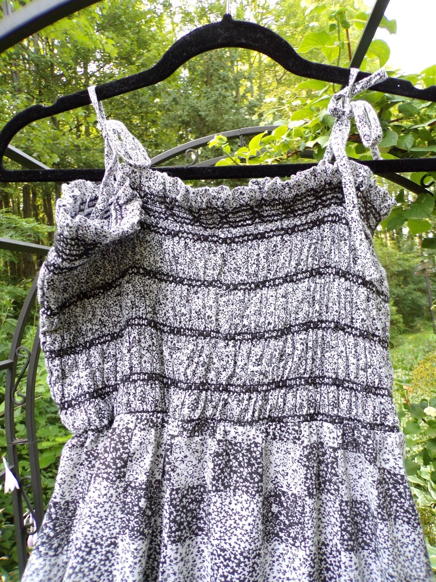 Butterfly Vintage Prairie Dress, Black & White Calico Print, Tie Strap Tiered Maxi Sundress, Candi Jones California, Boho Style Big Sweep, S
