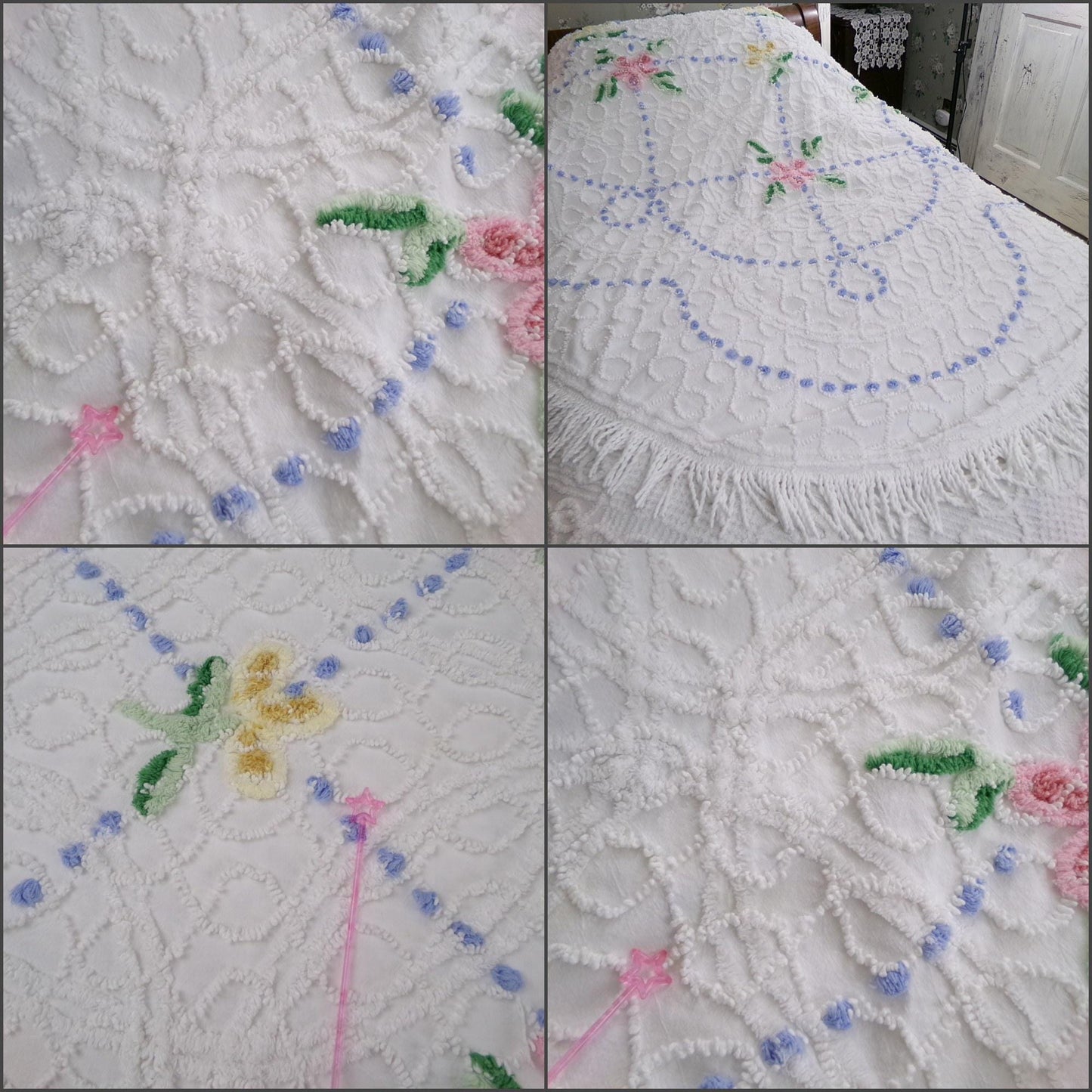 Shabby Chic Vintage Style Chenille Bedspread, Pink & Yellow Flower Design, Full Size White Cotton Bedding With Accent Fringe