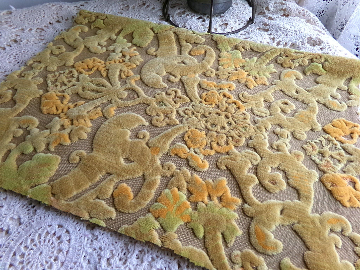 boho distressed cut velvet fabric, vintage Bates tapestry style chenille material, 20" x 14" piece, popular in handmade bags