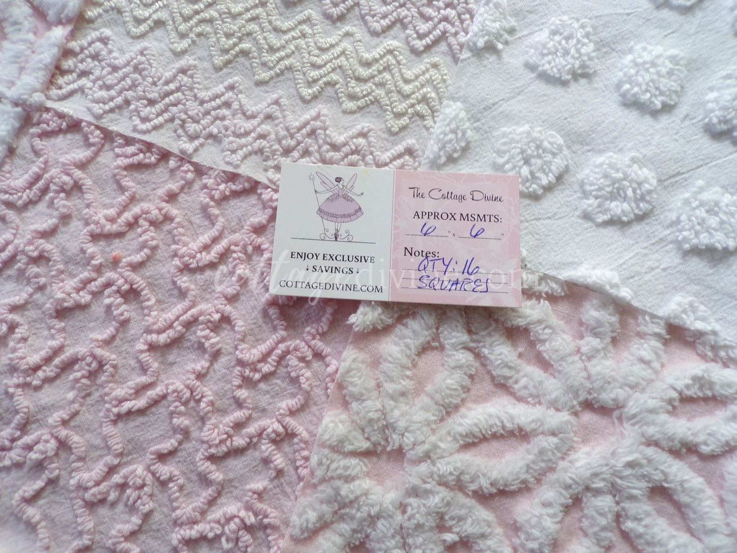 Dainty Pinks Chenille Quilt Squares Set from Vintage Bedspread Fabric, 16 Blocks, 6" x 6" inch