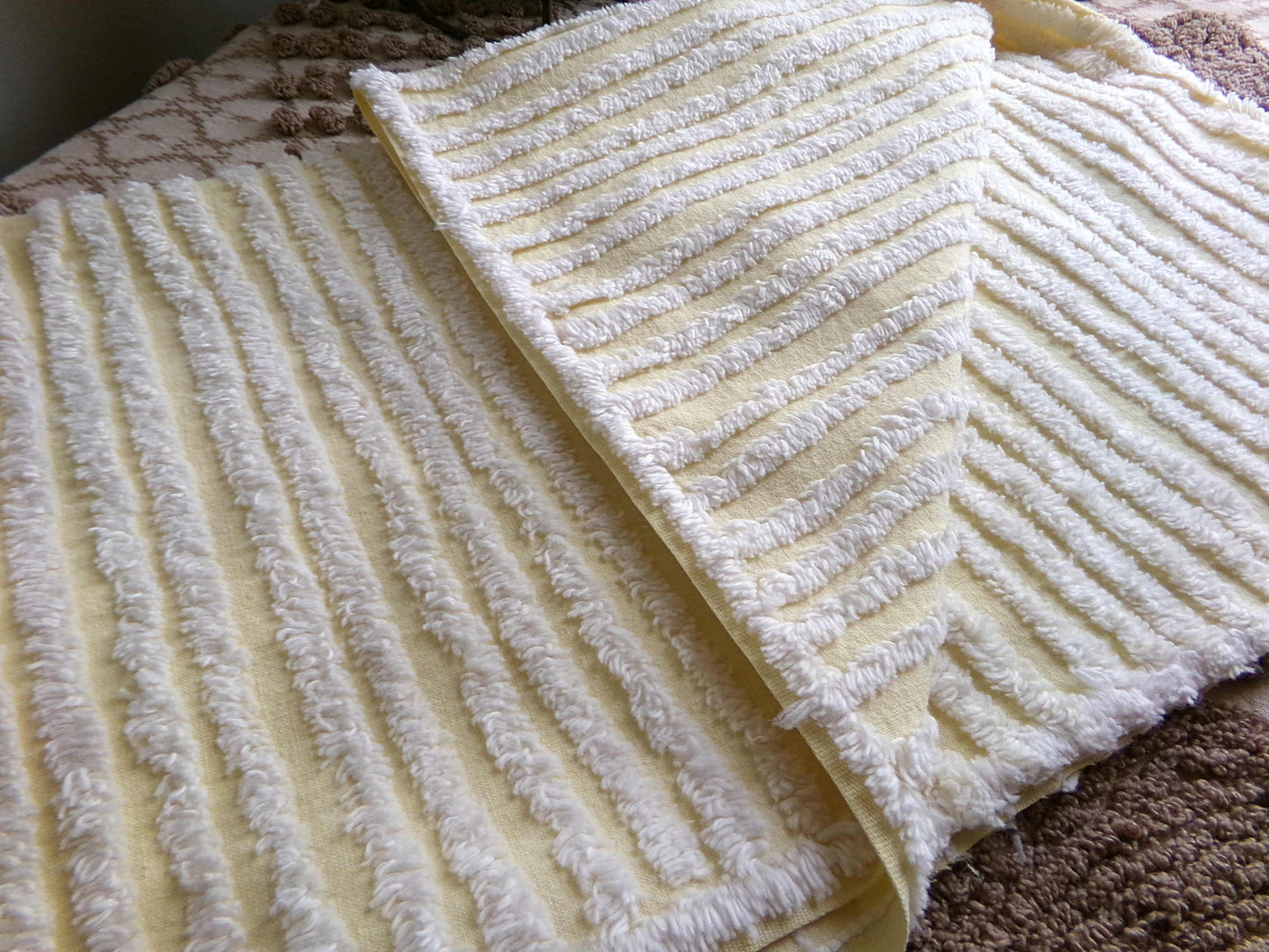 Sunny Yellow Striped Vintage Chenille Quilt Fabric, 18" x 30" inch Piece, White Stripes, 100% Cotton
