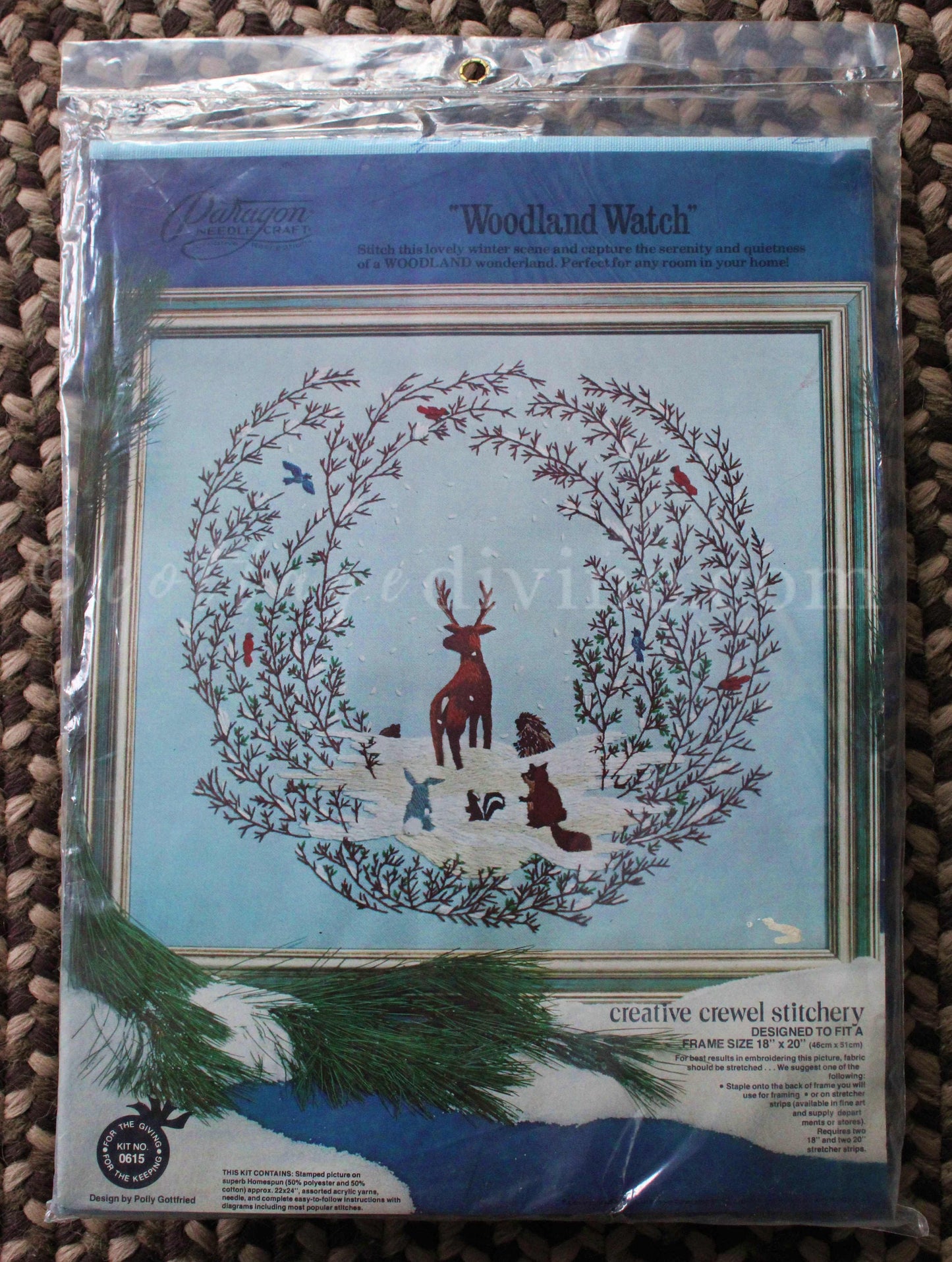 WOODLAND WATCH Nature Crewel Stitchery Kit, Winter Wildlife Scene, Vintage 0615 Paragon Needlecraft Embroidery Design by Polly Gottfried