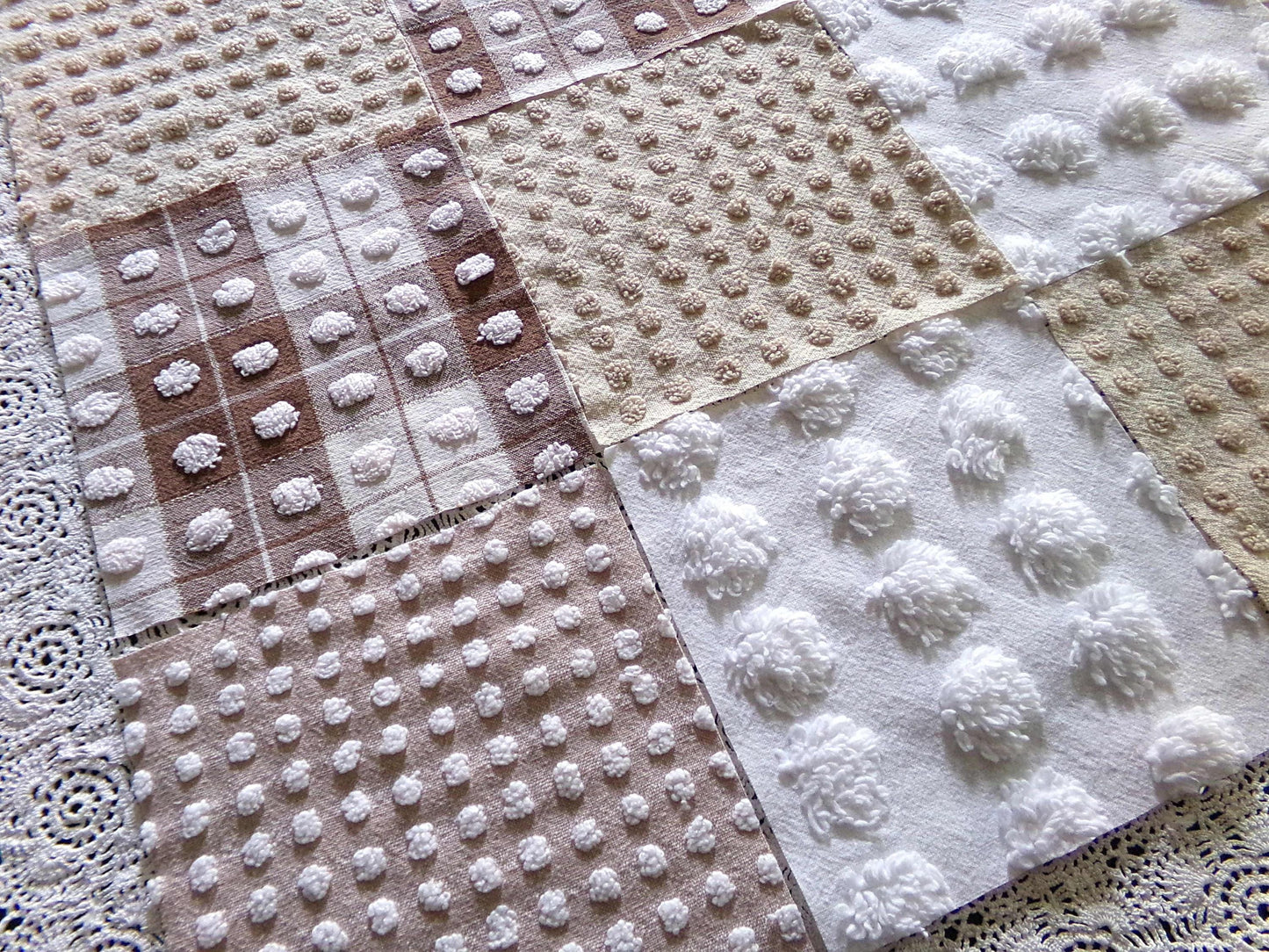 teddy bear browns chenille fabric squares, set of 16 vintage 6" quilt blocks for sewing, quilting, crafts in mocha, chocolate & white pops