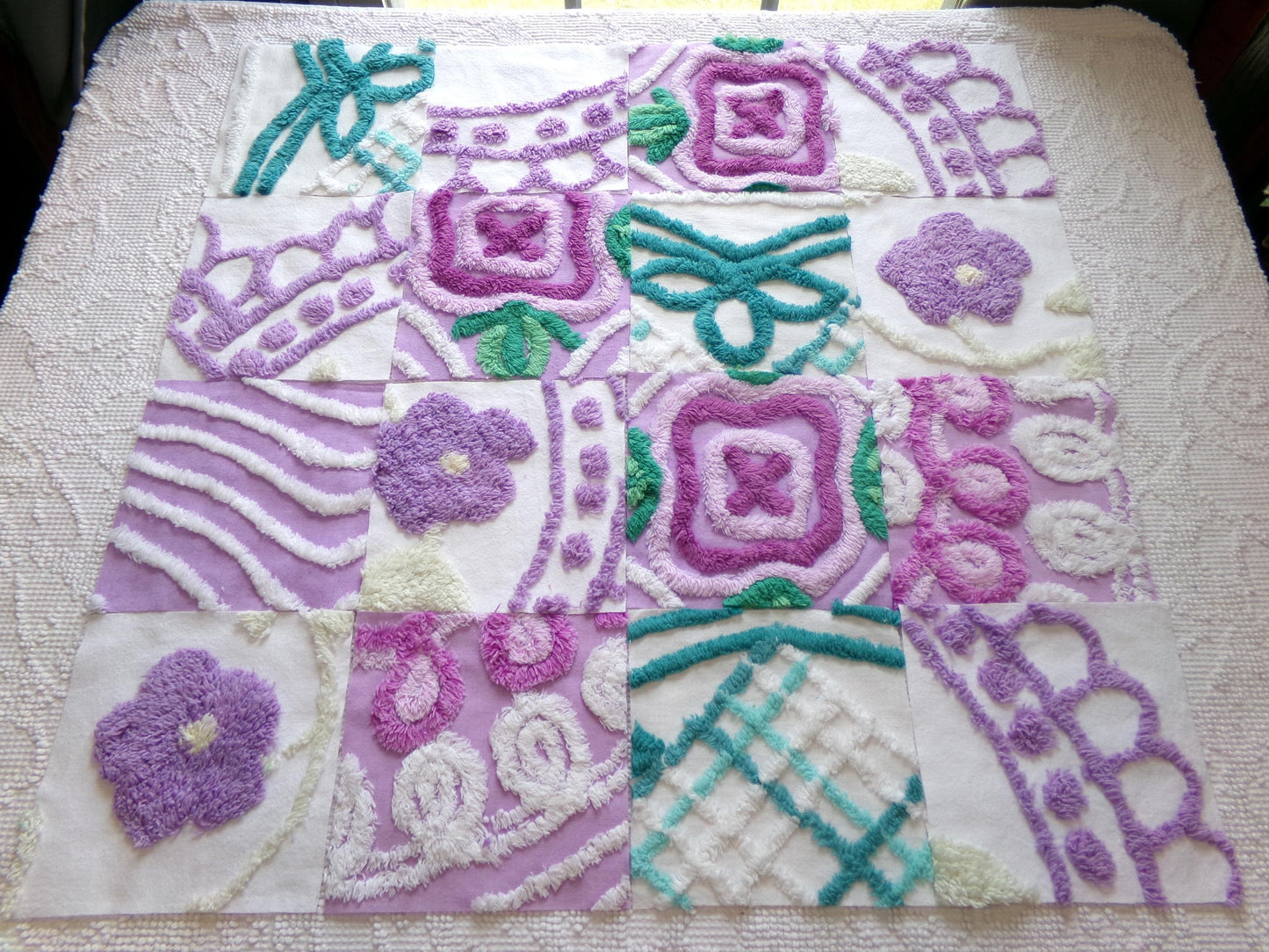 vintage chenille fabric squares: set of 16 lavender & lilacs, teal white cotton 6" quilt blocks