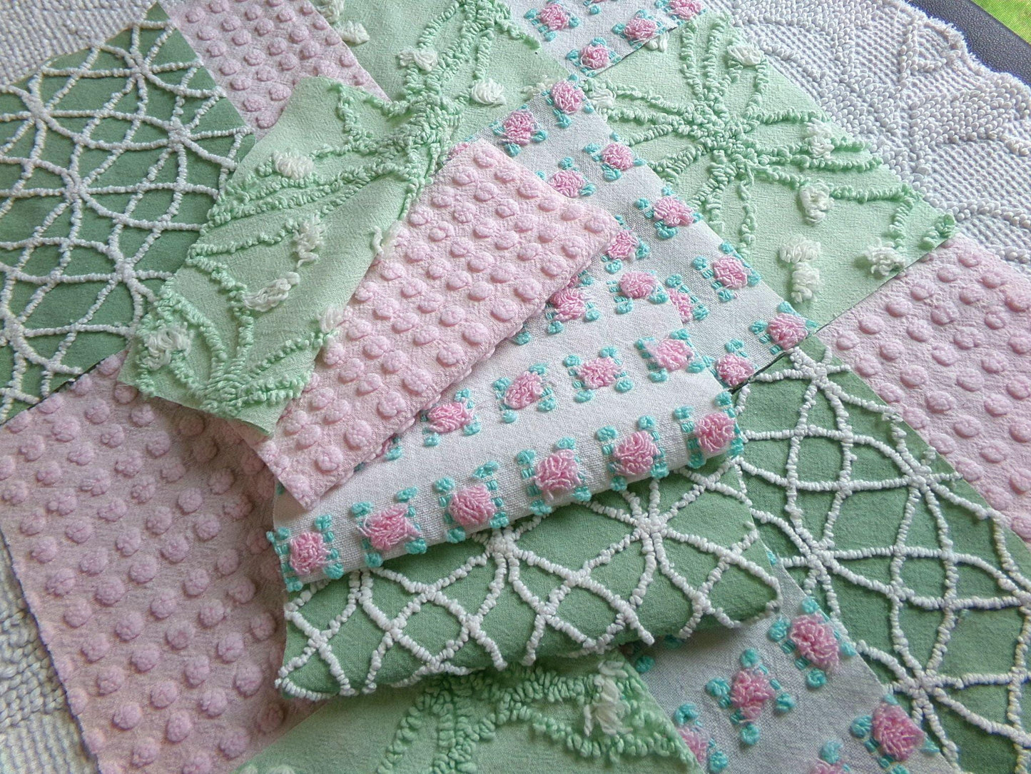 secret garden chenille fabric squares, 16 vintage 6" quilt blocks in pink & green, for sewing, crafts, fiber arts