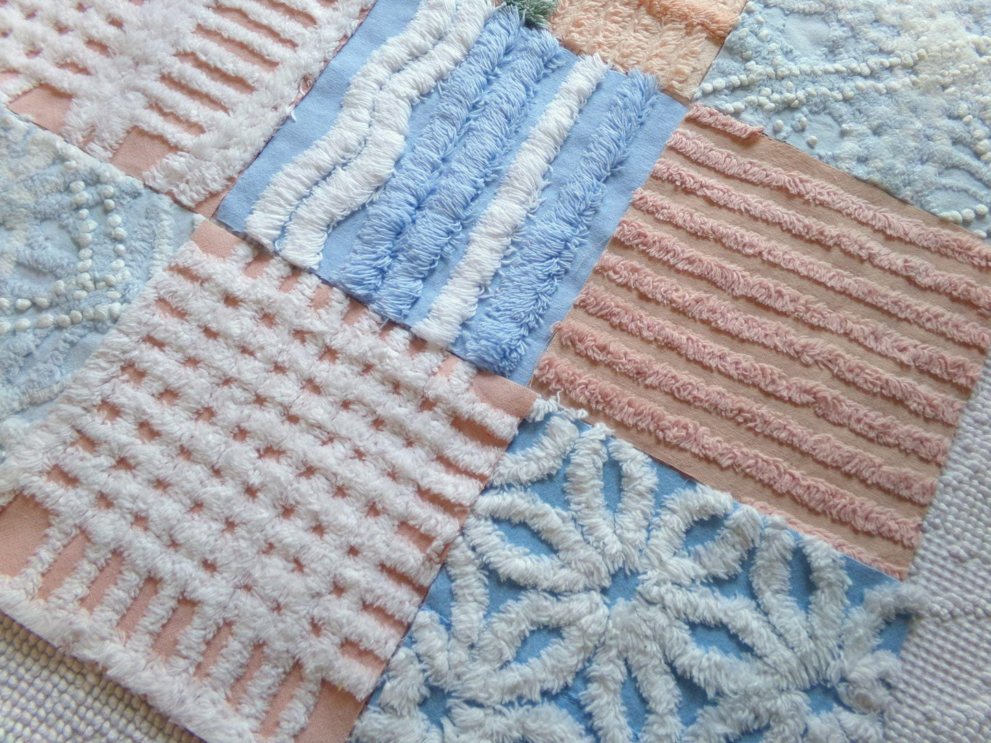 chenille 6" fabric squares, blue, peach & white plush quilt blocks, rotary cut from vintage chenille bedspreads, set of 16