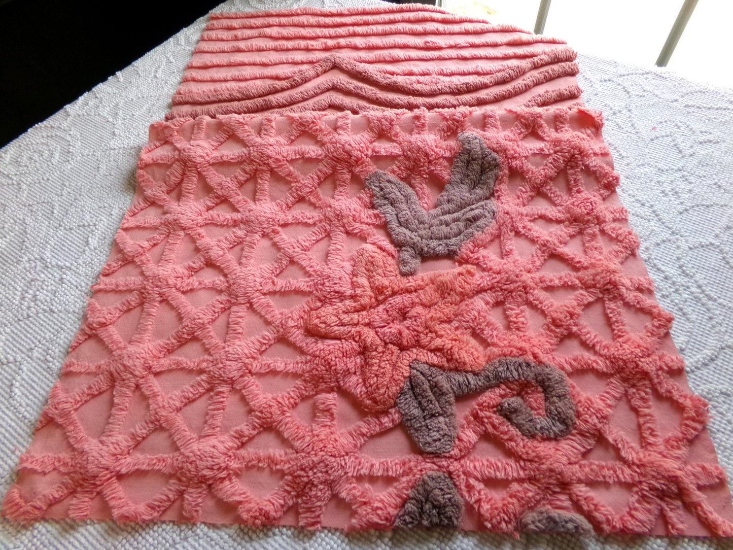 peach twinkles vintage chenille fabric panel in shabby starburst pattern, pretty sewing material for quilts & pillows, 30" x 17" inch piece