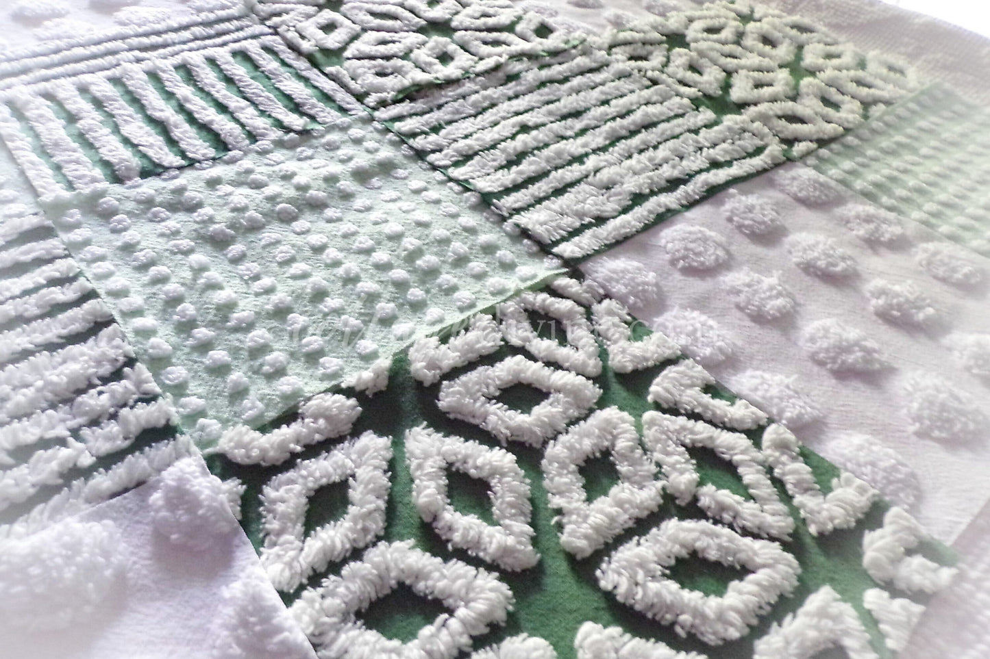 Lucky Star Quilt Squares Set, Rotary Cut from Vintage Chenille Bedspread Fabric, 16 Blocks, 6" x 6" inch, Green & White
