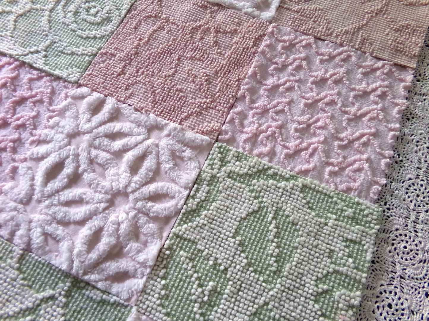 Garden Walk Chenille Quilt Squares Set from Vintage Bedspread Fabric, 16 Blocks, 6" inch in Sage Green, Pink, Rose Mist & Whispers of White