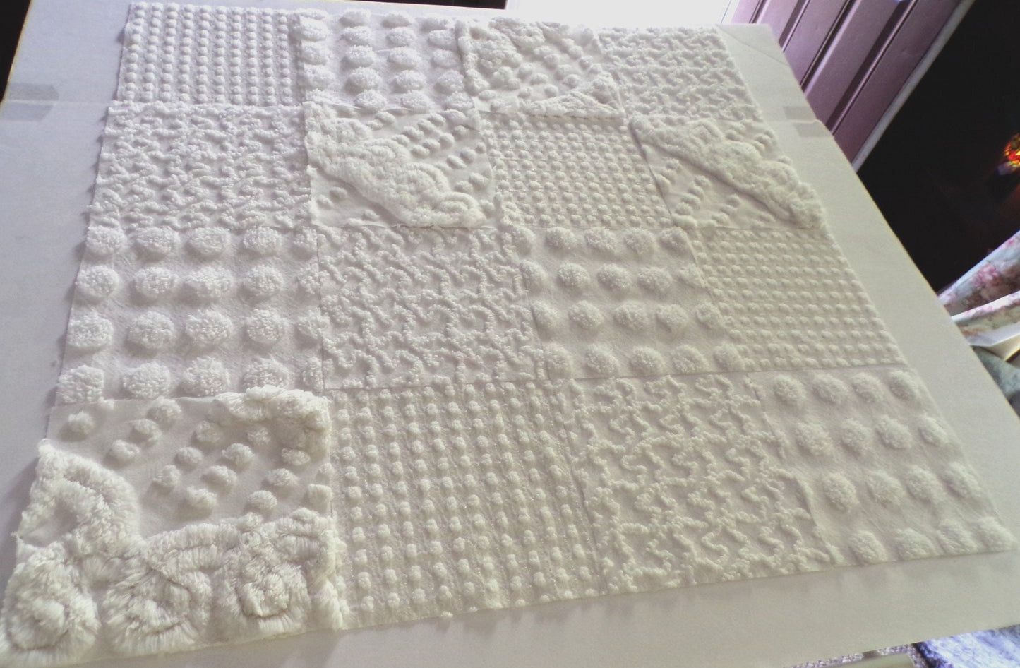 White Chenille Fabric Squares Set, "Let it Snow" 16 Vintage Quilt Blocks, 6" inch