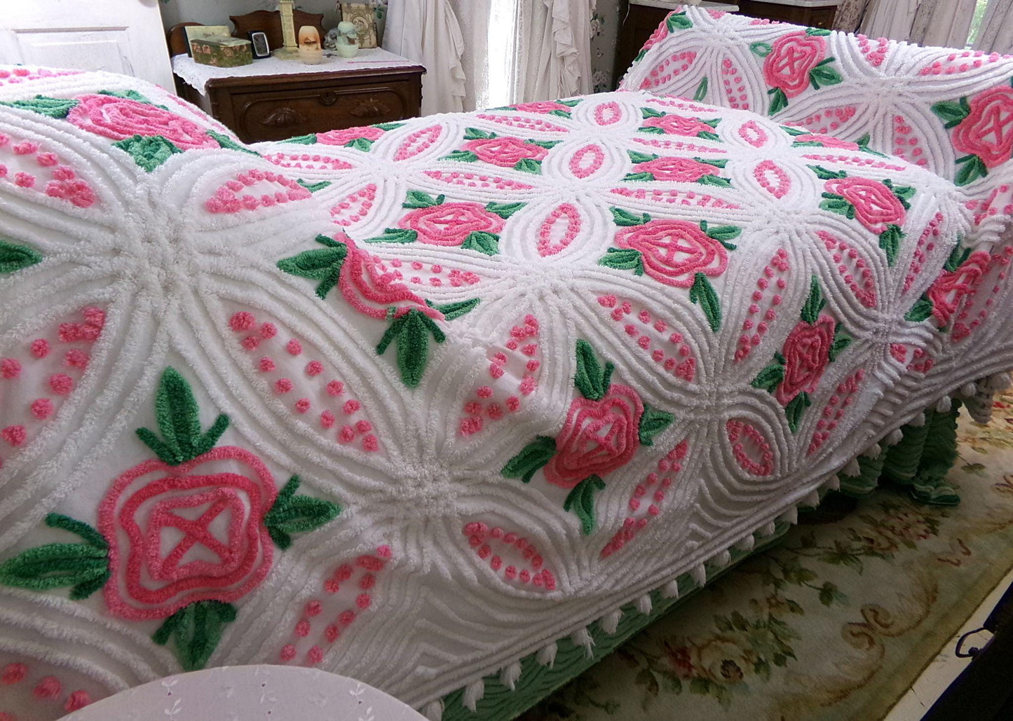 princess pink rose vintage chenille bedspread, cabbage roses on white with pom pom trim, 100% cotton full size cottage bedding