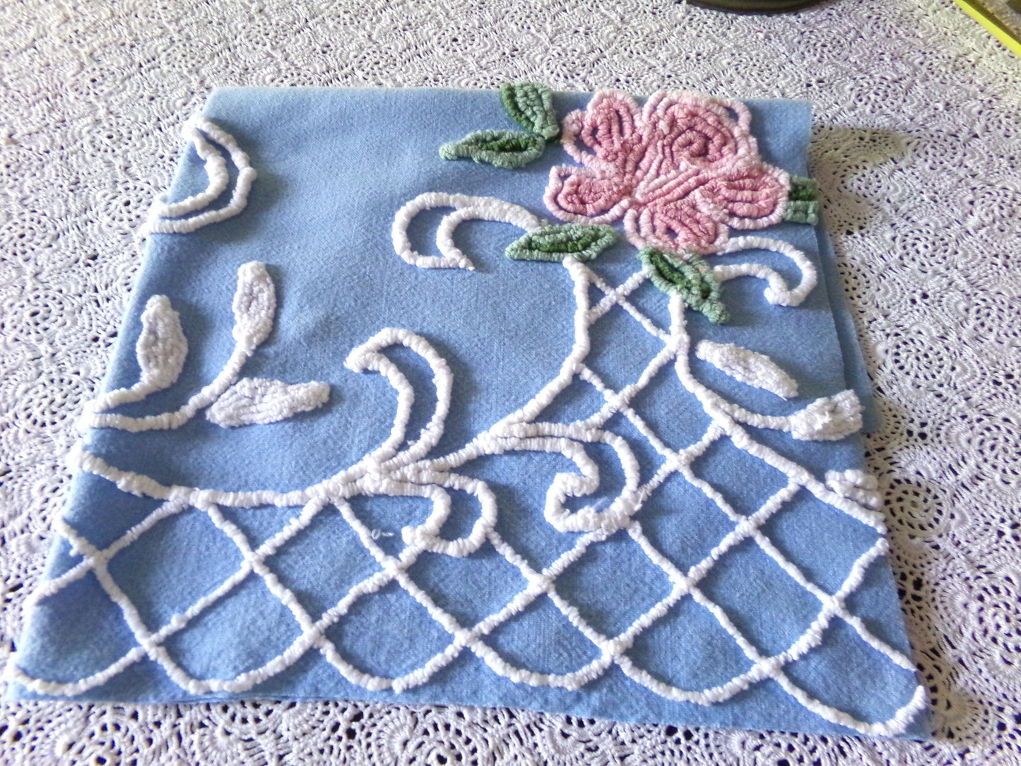 Romantic Pink Rose Vintage Chenille Fabric, 18" x 22" inch Piece, Blue Cotton Bkgd, Pretty for Pillow Covers or Quilting