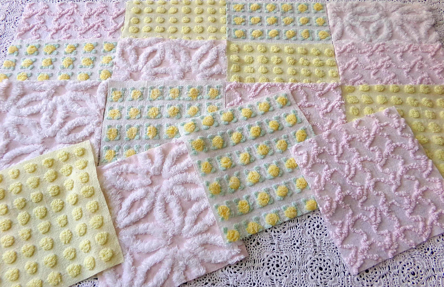 Spring Dance Chenille Quilt Squares, Cheerful Craft Square Set from Vintage Bedspread Fabric, 16 Blocks, 6" x 6" inch, Pink & Yellow