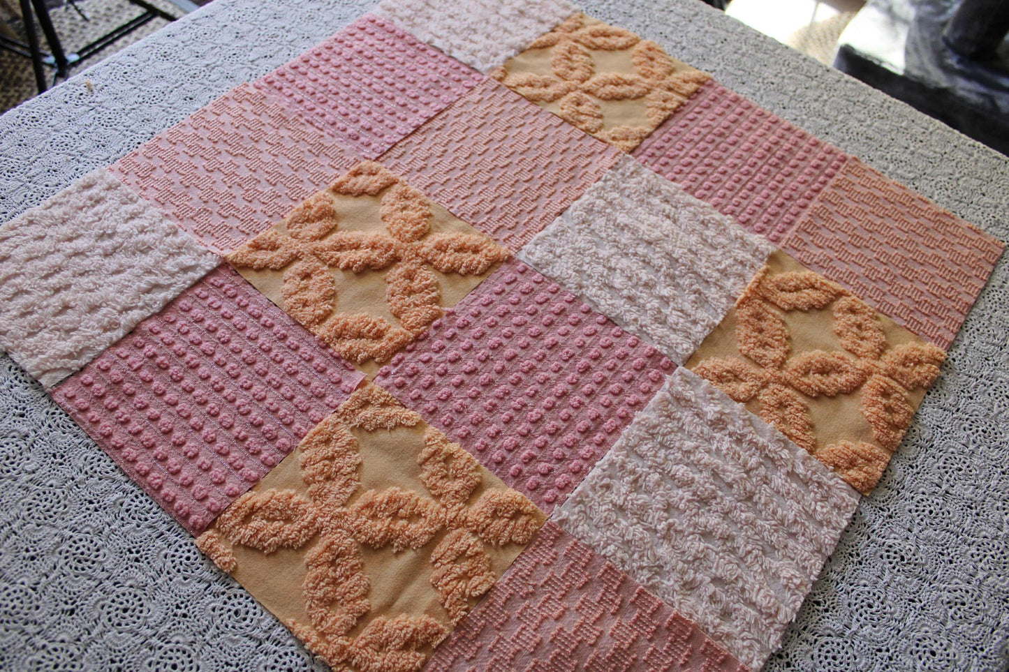 peach nectar vintage chenille fabric squares, set of 16 geometric 6" quilt squares in texturized geometric designs