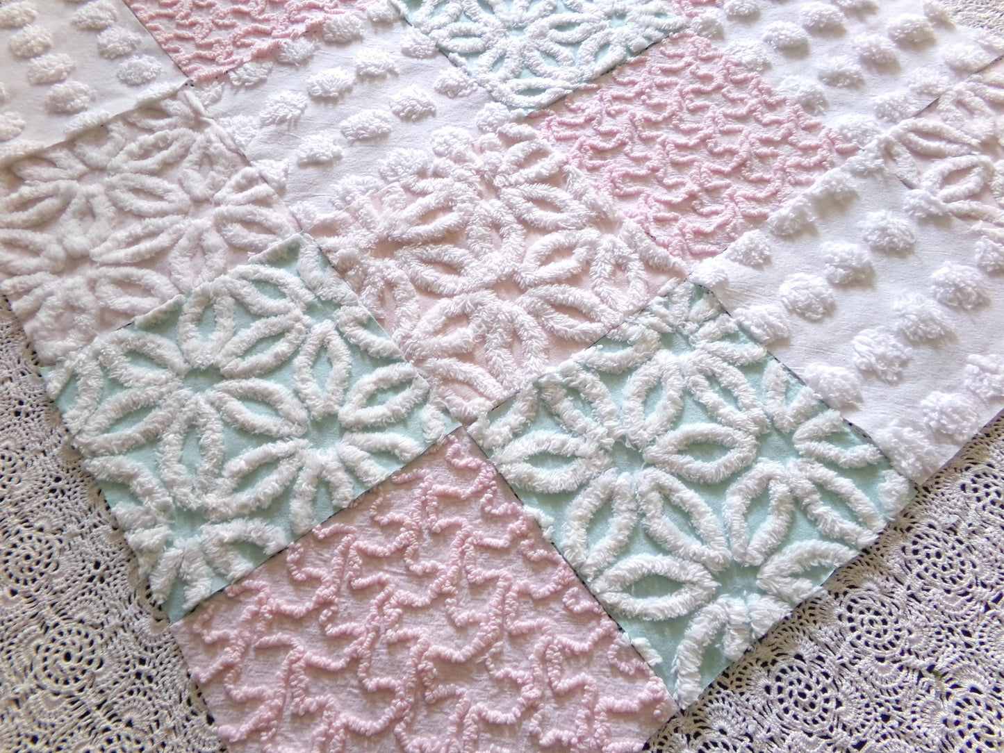 Beautiful Aqua & Pink Chenille Quilt Squares Set from Vintage Bedspread Fabric, 16 Blocks, 6" x 6" inch, Daisy, Squiggle, Polka Dot Patterns