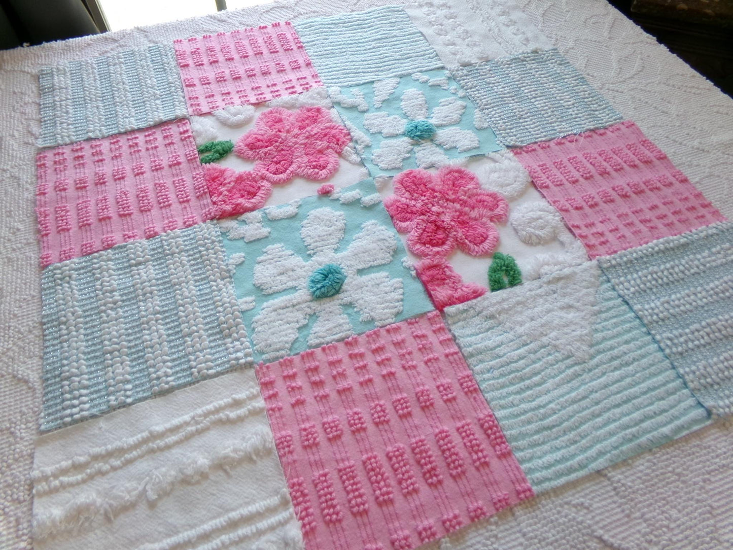 spring waltz vintage 6" chenille squares, set of 16 pink & aqua quilt blocks rotary cut from vintage chenille bedspread fabrics