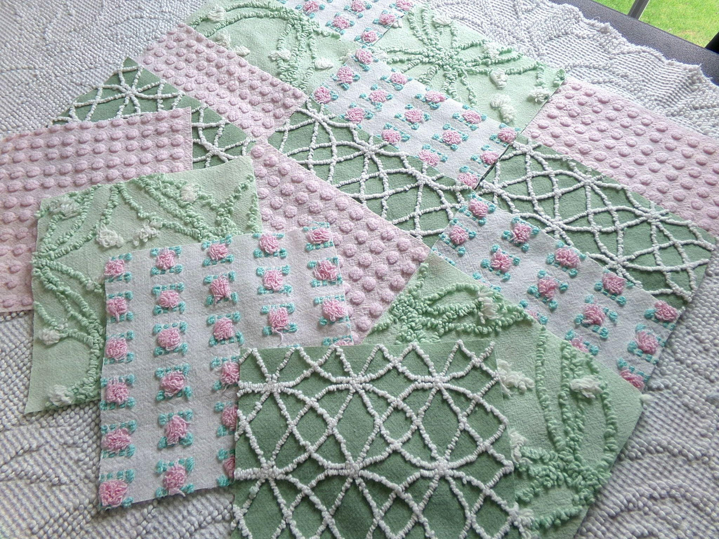 secret garden chenille fabric squares, 16 vintage 6" quilt blocks in pink & green, for sewing, crafts, fiber arts