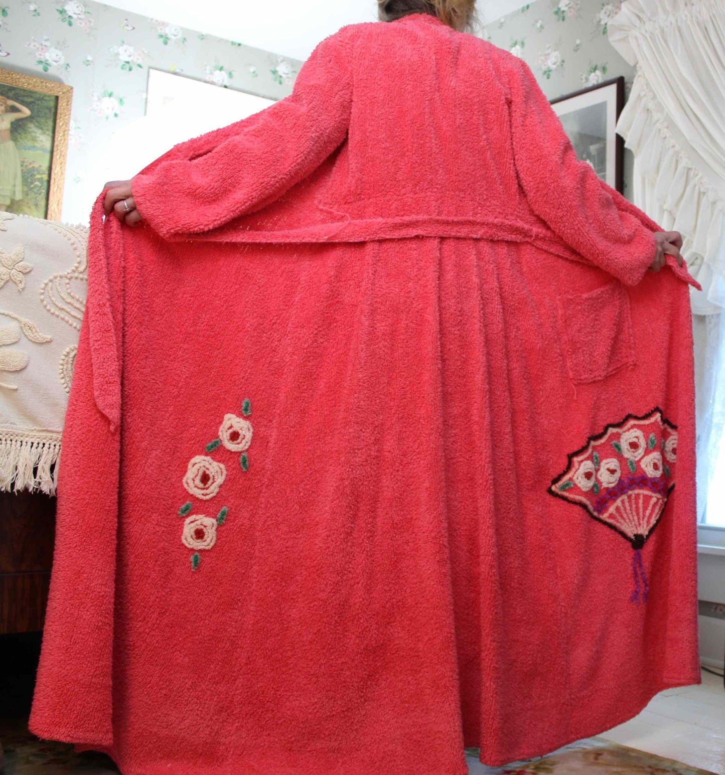 Gorgeous Vintage Style Chenille Robe, Deep Rose Fan Motif Old Hollywood Style Women's Bathrobe, Flattering Fit & Flare Silhouette, S/M