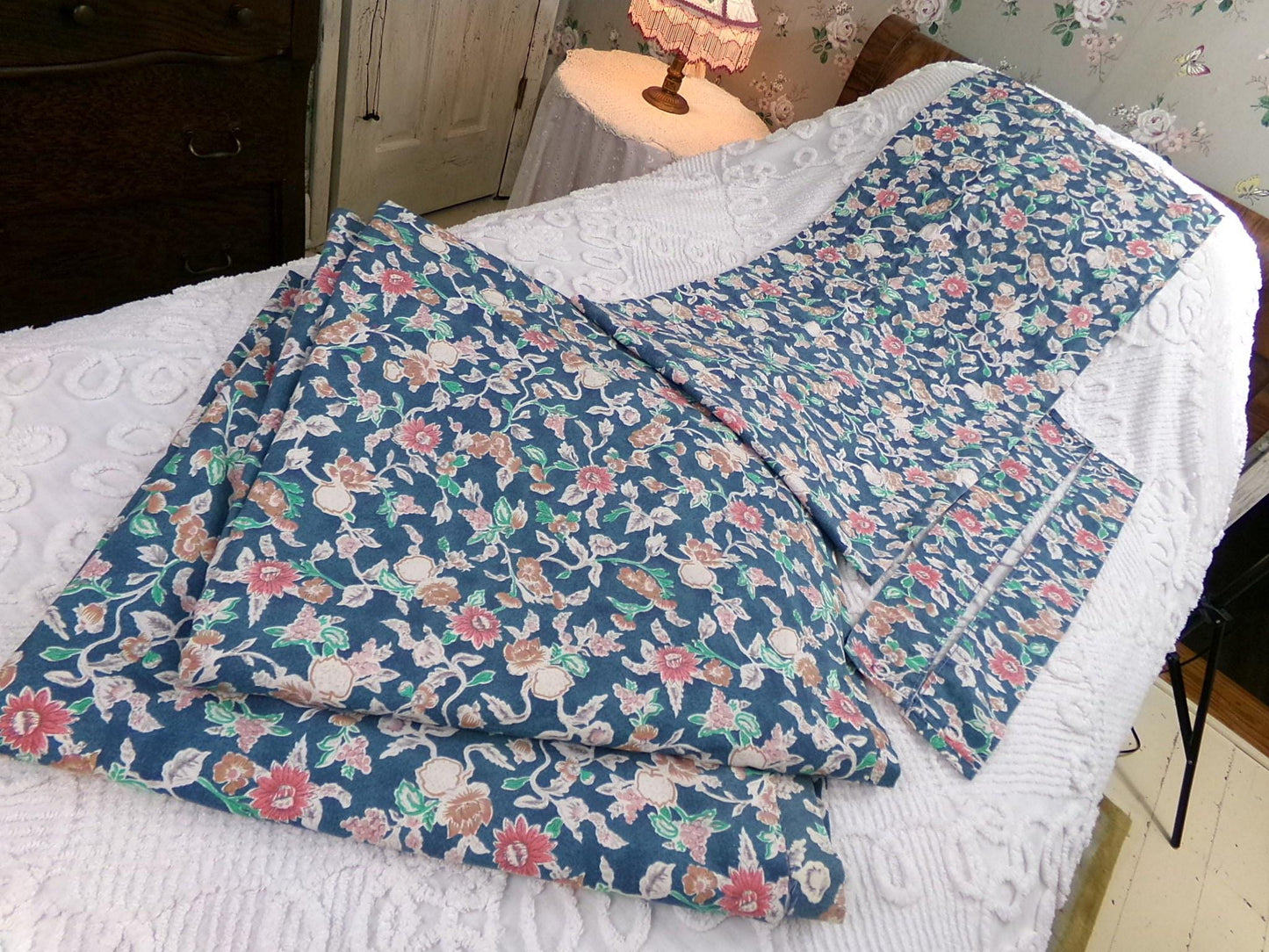 Ralph Lauren Curtain Set in Iconic Jardin Floral, Vintage Pair of Blue 1990s Window Drapery Panels, Valance & Tiebacks, Cotton, Made in USA