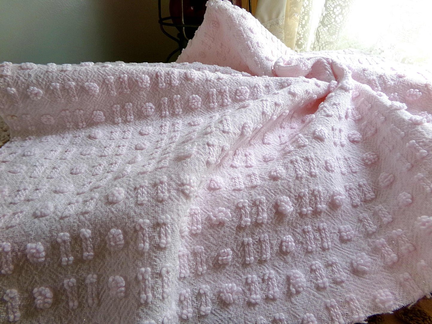 Pink Wink Vintage Chenille Fabric, Cute Tiny Dot Dash Pattern, 18" x 24" inch Piece, for Sewing Material