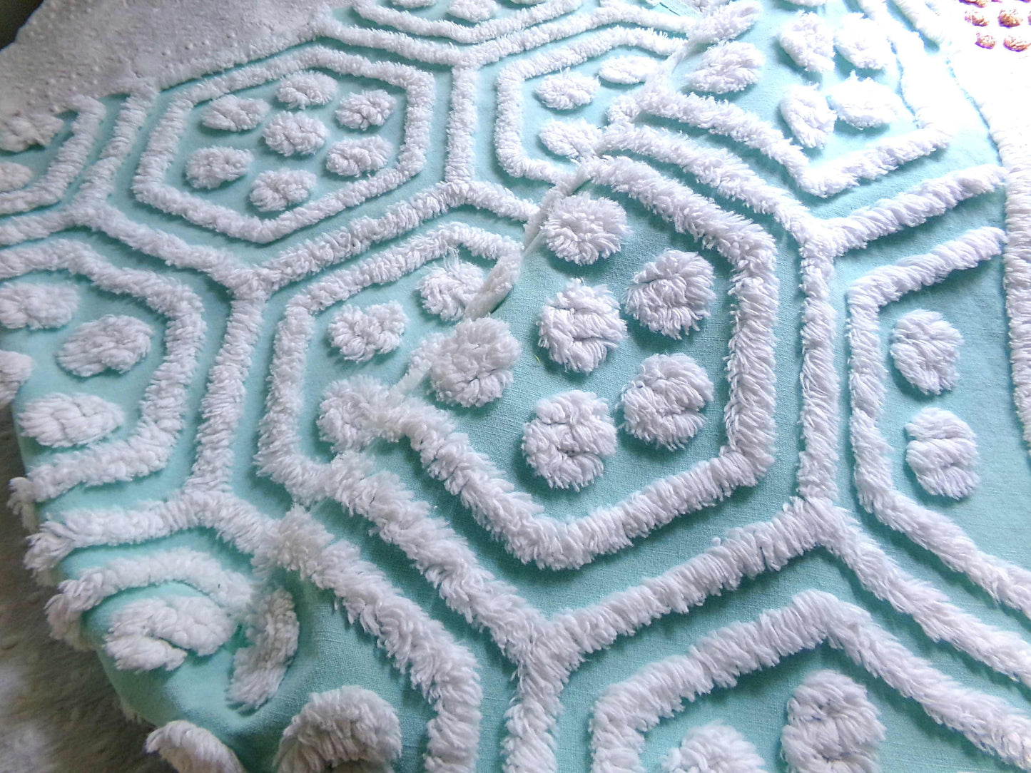 Plush Puffs Vintage Chenille Fabric, 20" x 25" Inch Aqua & White Piece, Rare Geometric Hexagon Design by Hofmann Textiles