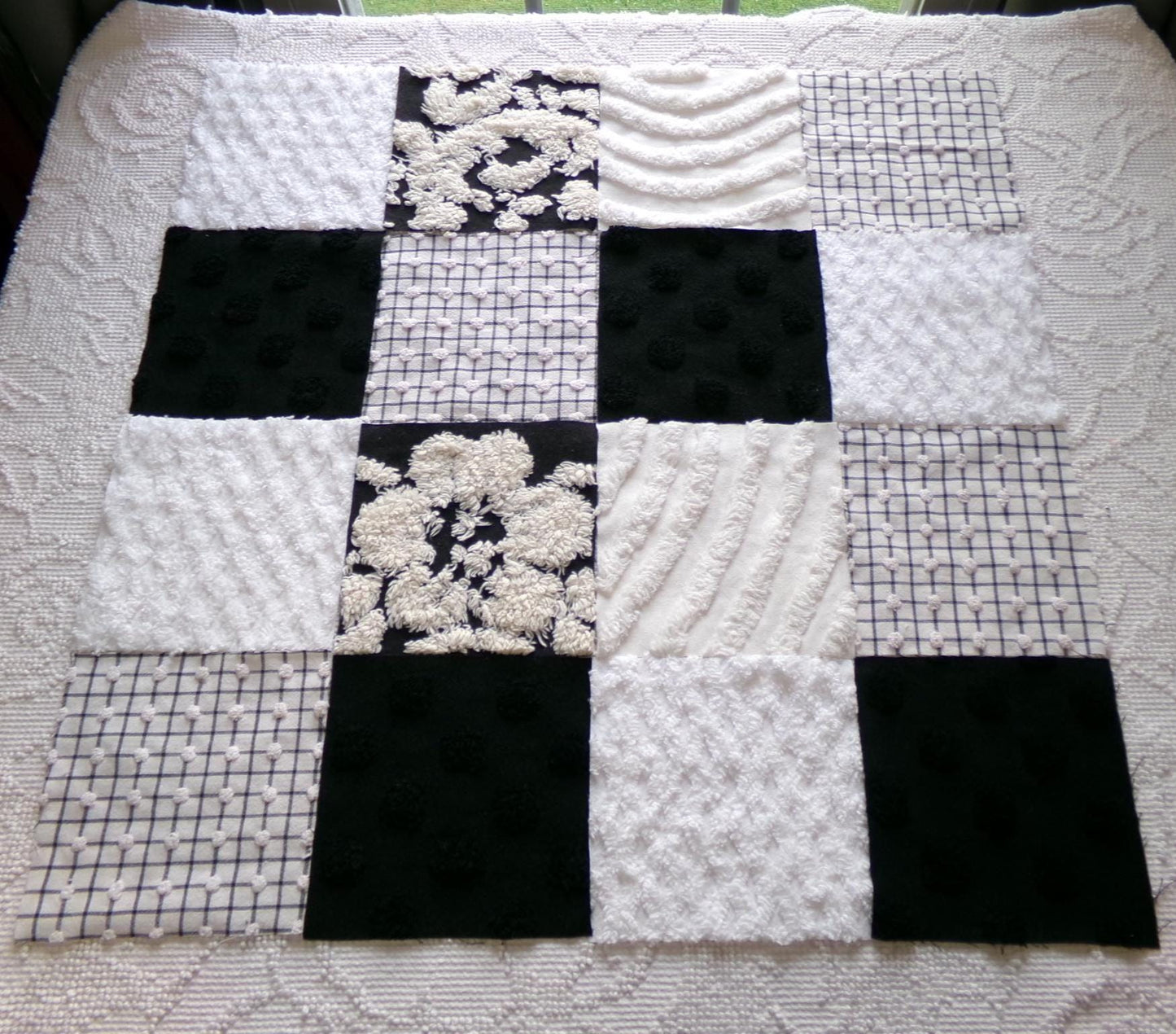 trendy tuxedo b&w chenille fabric squares, set of 16 vintage black and white quilt blocks 6" ea, great textures for crafts, quilting