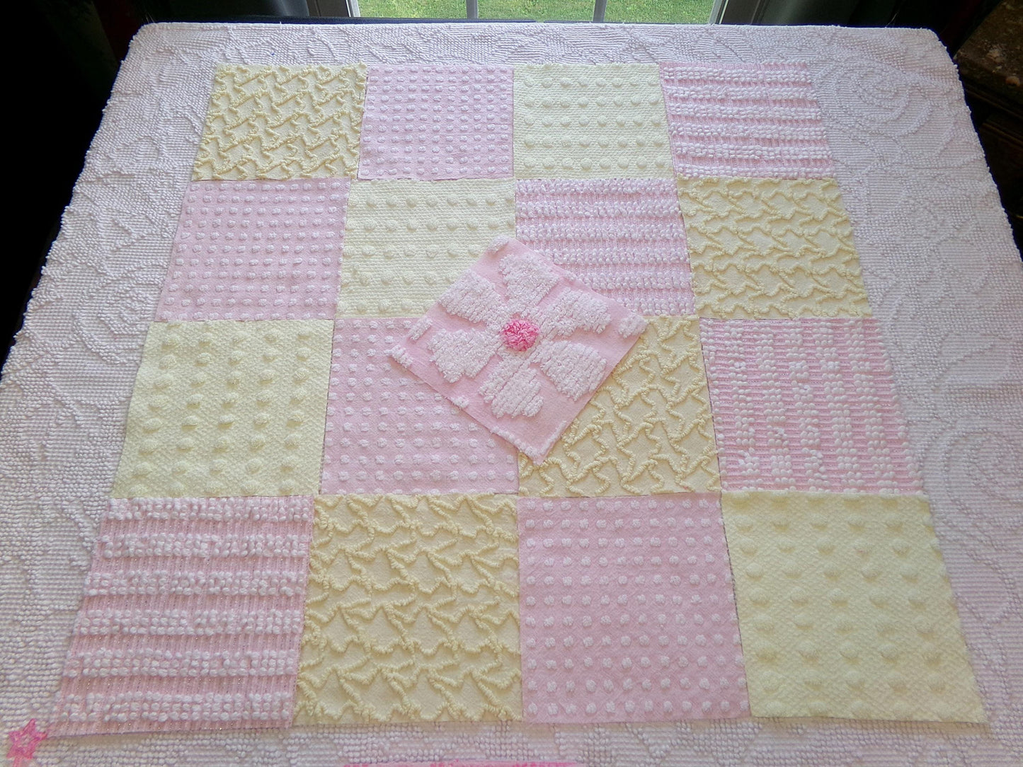 celebrate spring vintage chenille fabric squares, set of 17 pink & yellow 6" blocks for crafts, sewing