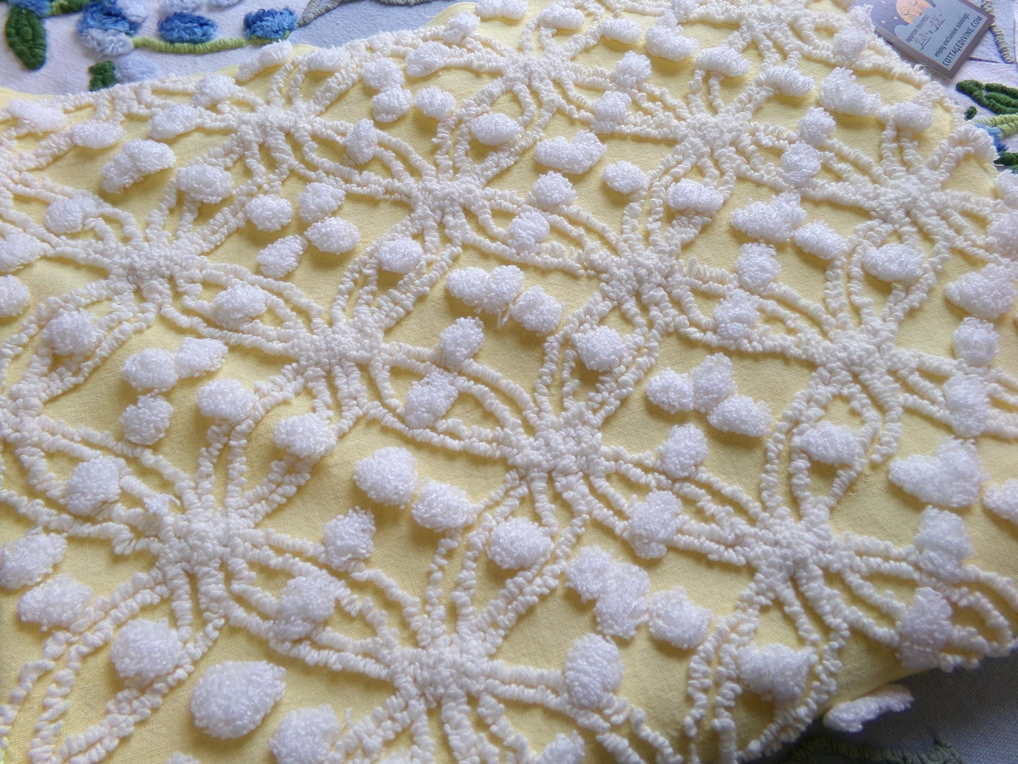 sunny yellow vintage chenille fabric, 20" x 24" piece of craft material for sewing, quilting in white overtufted pops & spider ring pattern