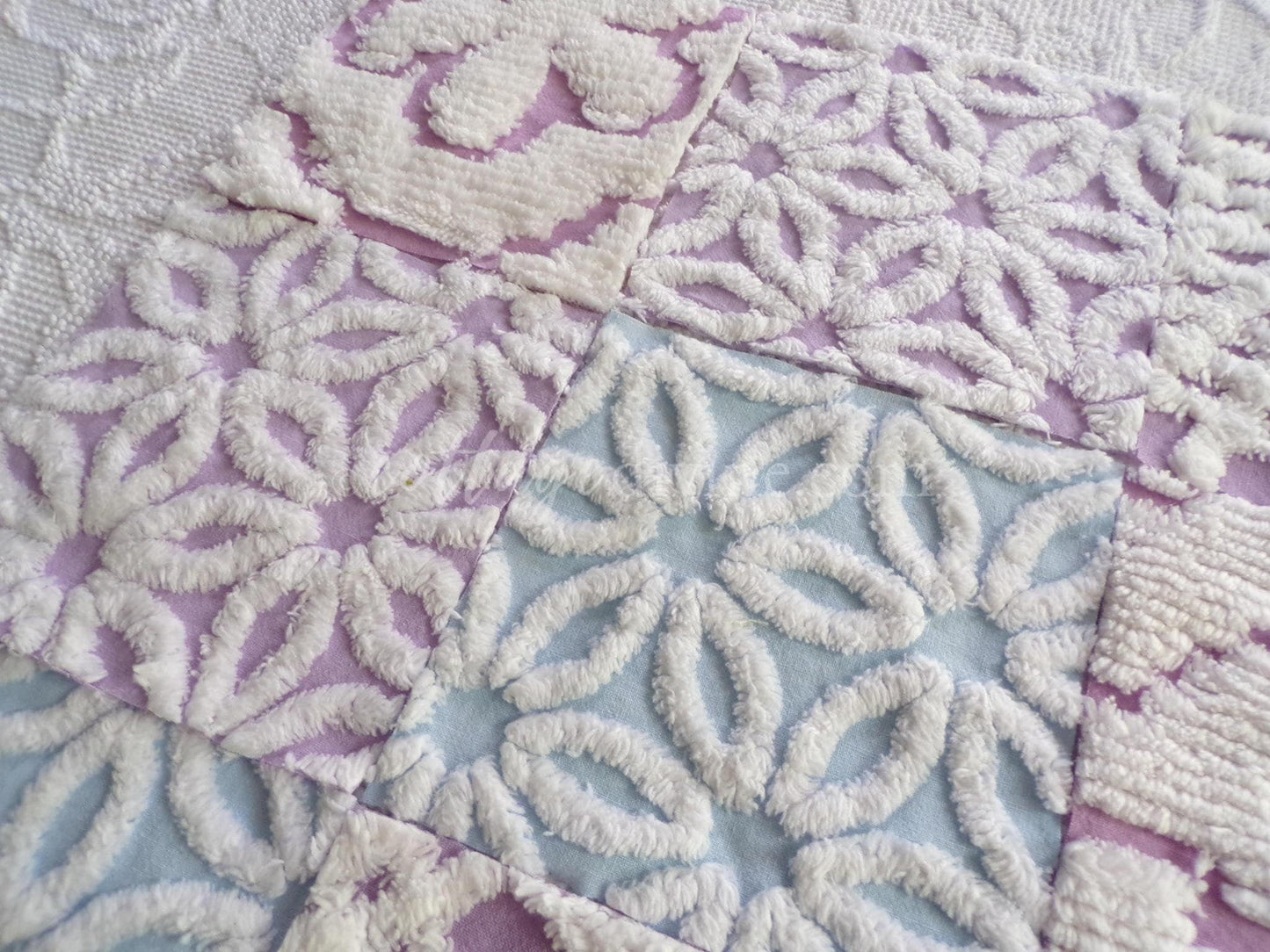 Peaceful Dreams Chenille Fabric Squares Set in Lilac, Blue & White, 16 Vintage Rotary Cut Quilt Blocks, 6" x 6" inch