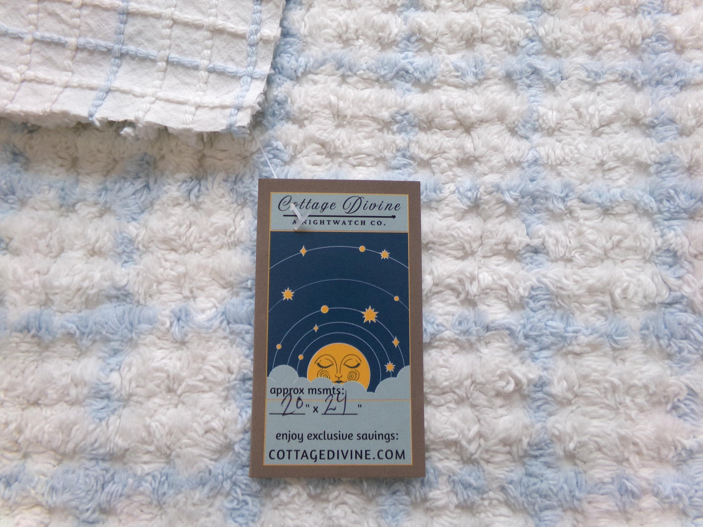 blue & white check vintage chenille fabric, cottage style plaid design, 20" x 24" cut piece for quilting, pillows
