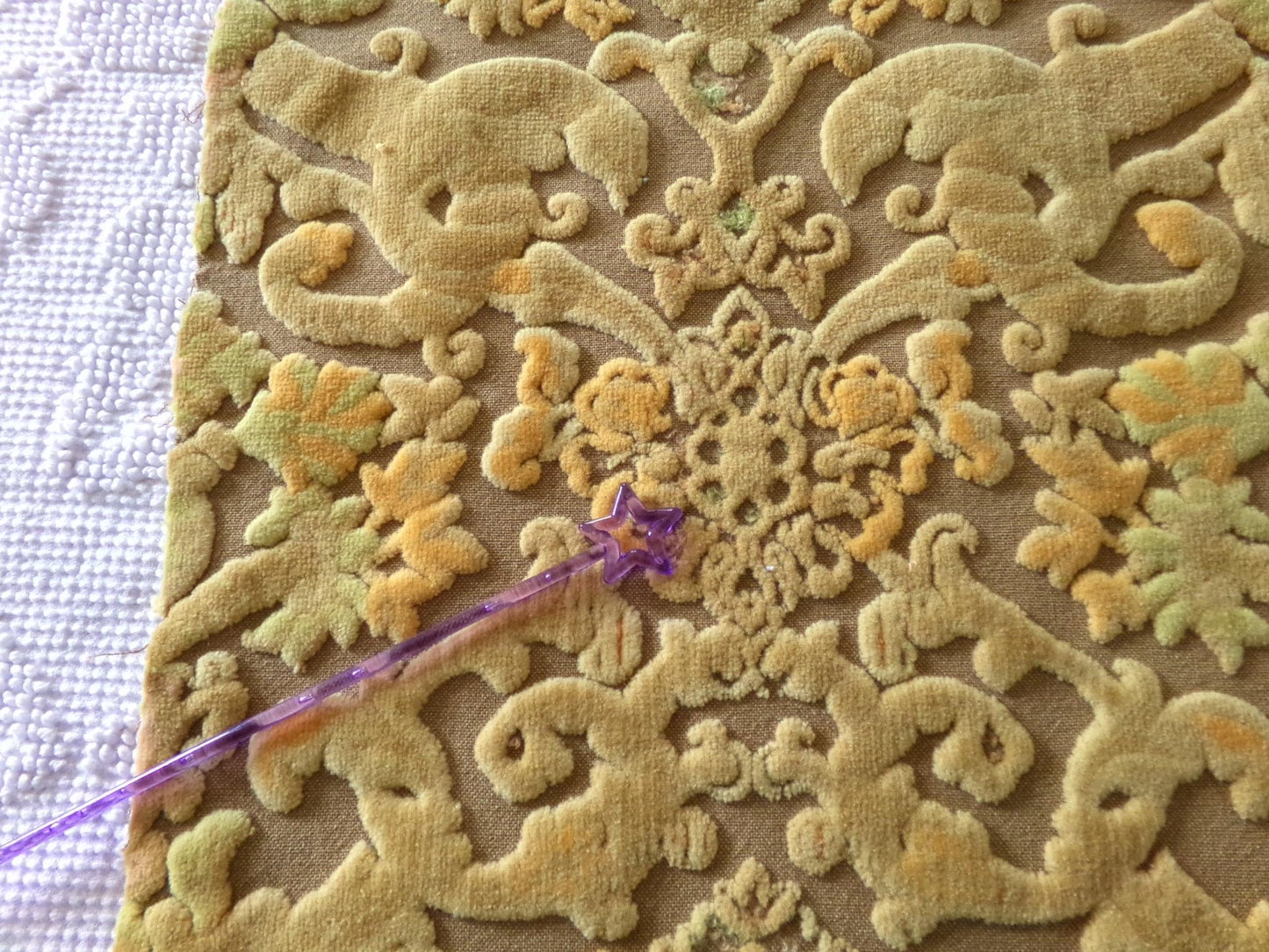 shabby distressed cut velvet fabric, vintage Bates tapestry style chenille material, 20.5" x 15.5" piece, popular in boho bags