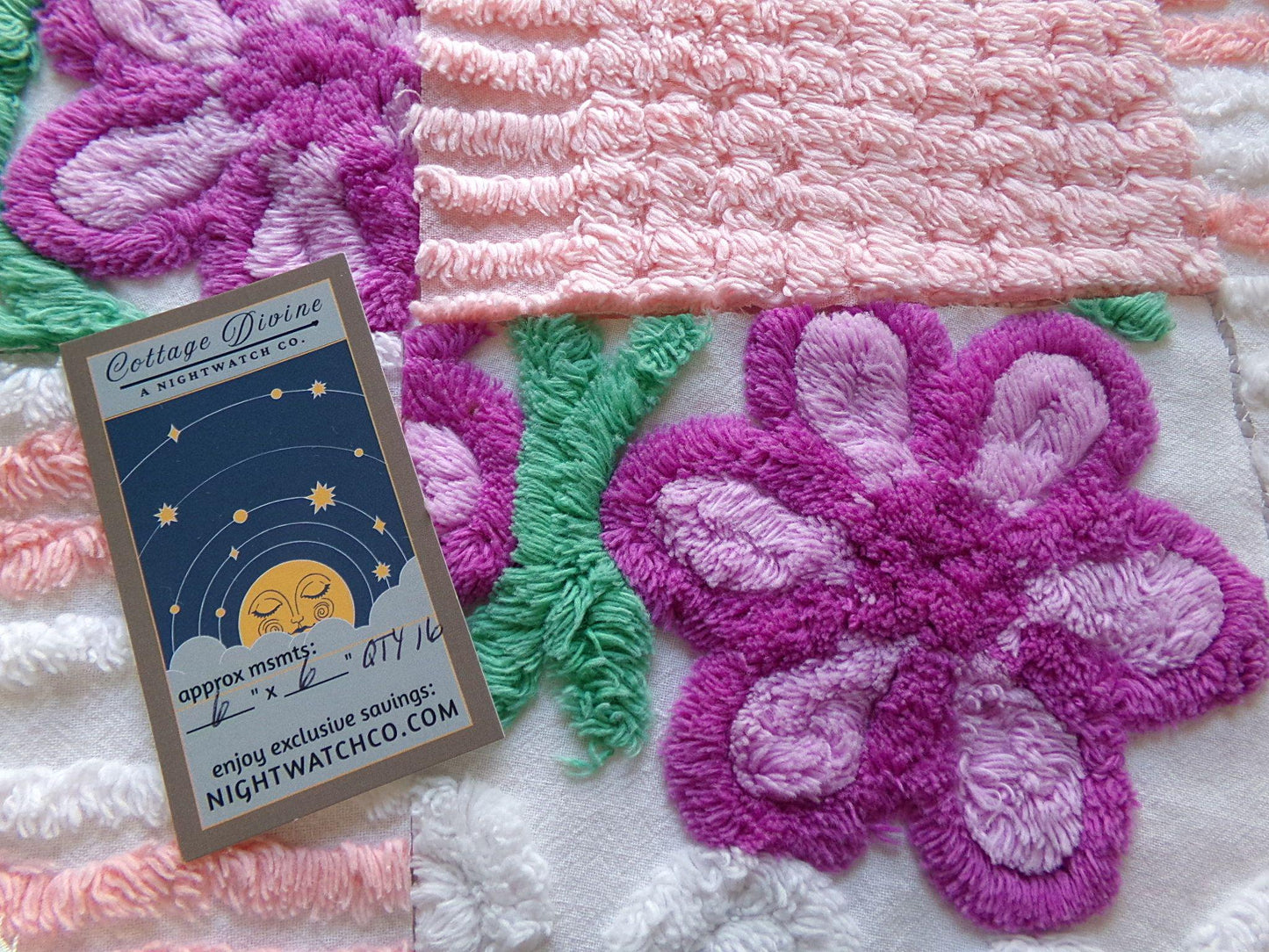 springtime mix 6" chenille squares, peach, white & purple set of 17 craft quilt blocks cut from vintage chenille bedspread fabrics