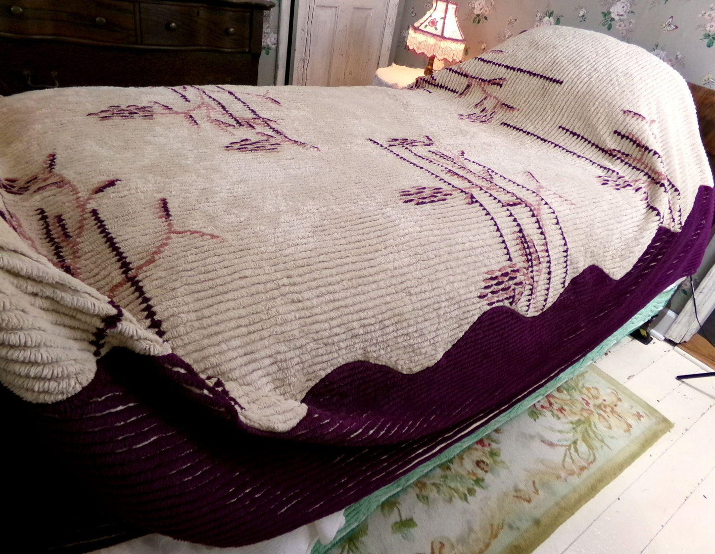 Shabby Cattails Vintage Chenille Bedspread in Art Deco Design, Honey Beige & Wine Twin Size Antique Bedding, #2