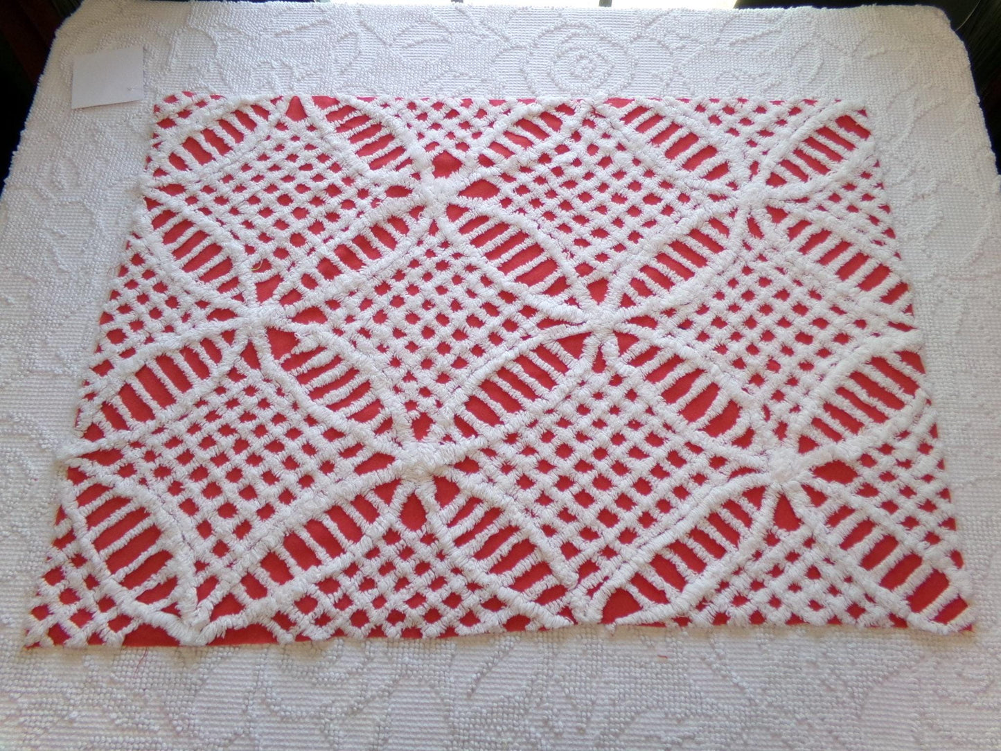 Red & White Geometric Chenille Fabric - Vintage Tufted Textured Cotton Fabric Quilting Crafts - 17" x 24" Piece of Sewing Material