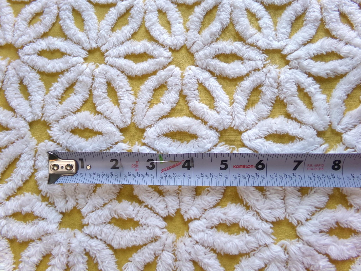 boho style vintage chenille fabric, white daisy on harvest gold, 20" x 24" inch piece of cotton sewing material for quilting & crafts