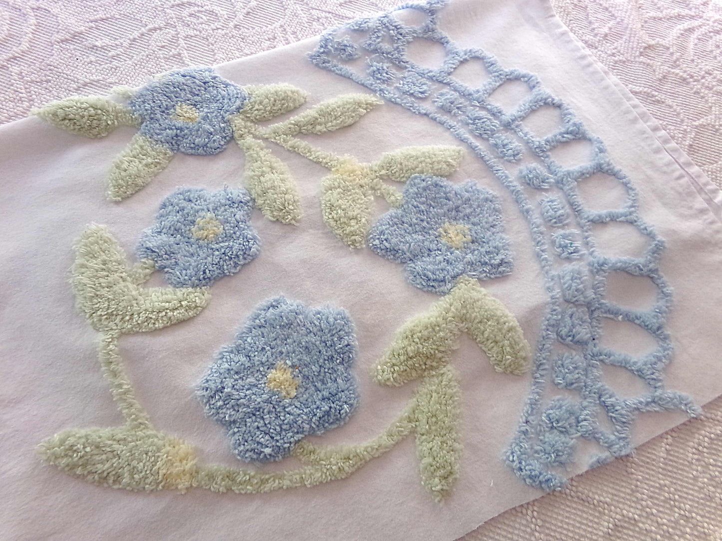 Blooming Blue Flowers Vintage Style Chenille Fabric, 24" x 28" inch Piece, 100% Cotton with Plush Florals, Great for Pillows