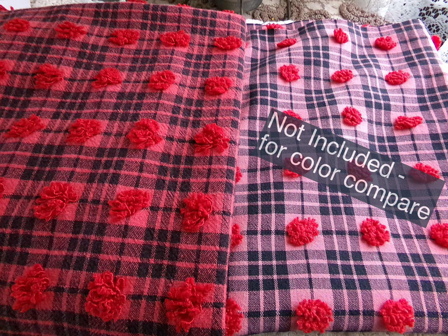 Midnight Black Tartan Plaid Vintage Chenille Bedspread Fabric, Tufted Deep Red Dots, 19" x 26" inch Piece, Lightweight Quilt Material
