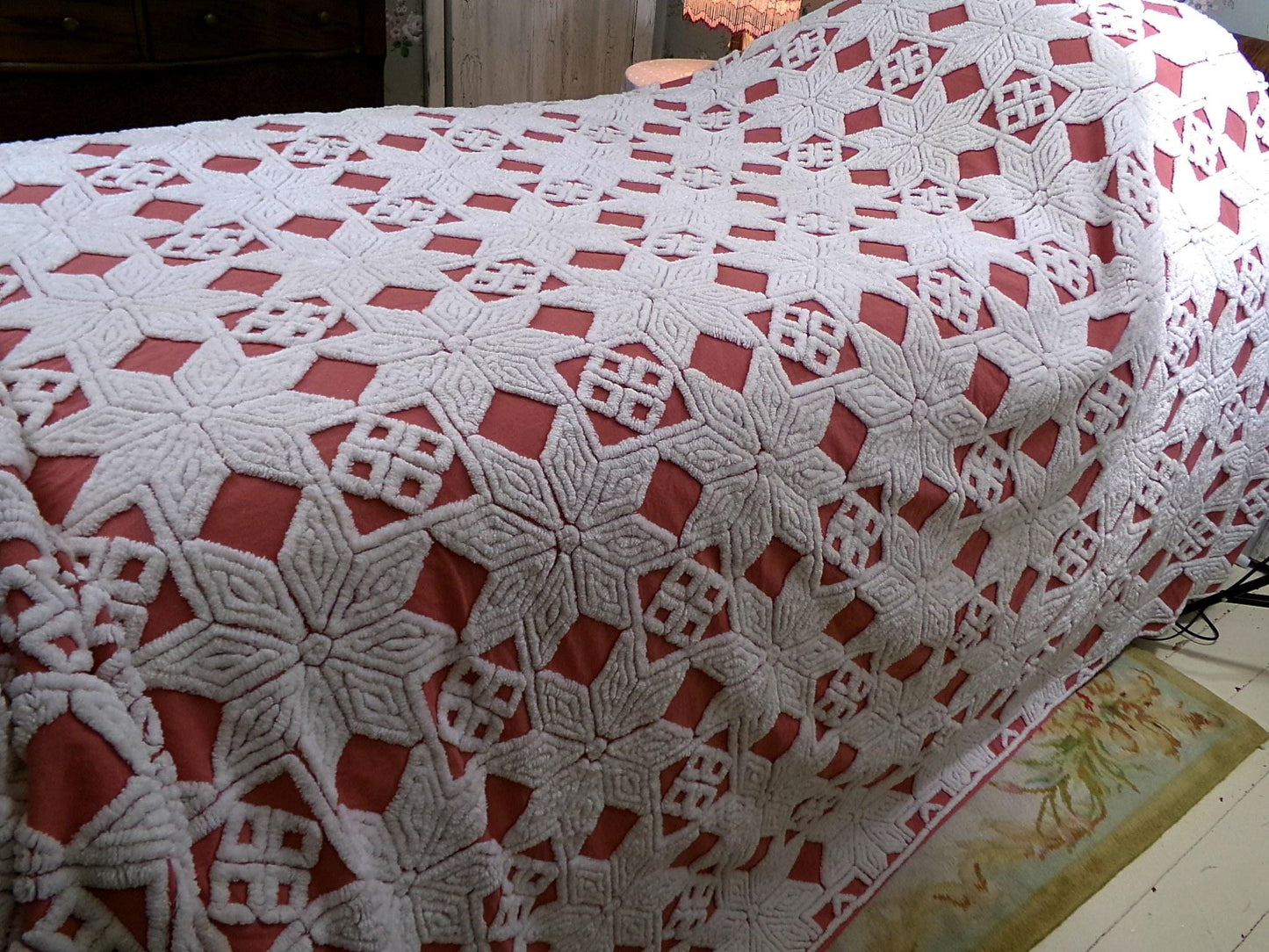Modern Boho Terracotta Chenille Bedspread, Rustic Eight Point Star Vintage Quilt Style Design, Full Size Country Bedding